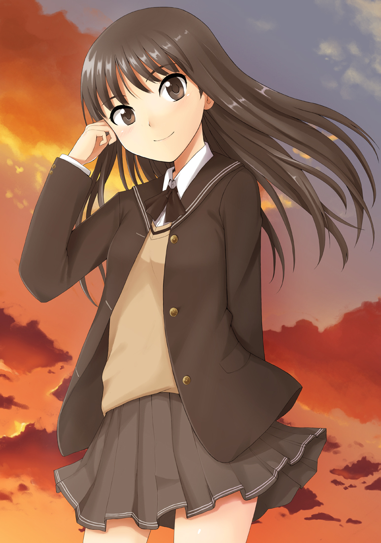maro (pixiv11425), ayatsuji tsukasa, amagami, bad id, bad pixiv id, black hair, long hair, pleated skirt, school uniform, skirt, solo, sunset