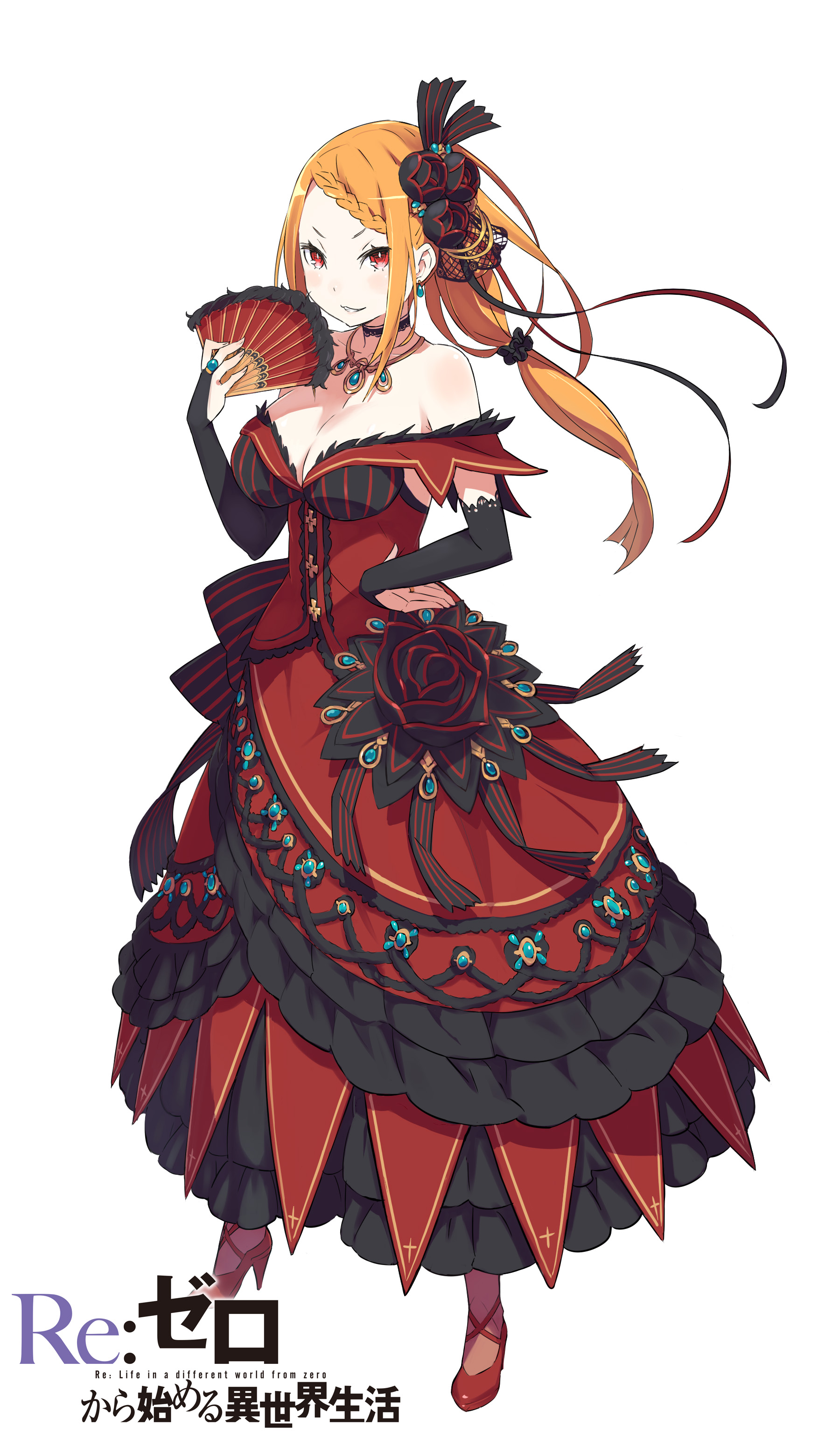 ootsuka shin'ichirou, priscilla barielle, re:zero kara hajimeru isekai seikatsu, absurdres, commentary request, highres, official art, 1girl, bare shoulders, black bridal gauntlets, black choker, black flower, black rose, braid, braided bangs, breasts, bridal gauntlets, choker, cleavage, copyright name, dress, earrings, english text, flower, folding fan, full body, hair flower, hair ornament, hand fan, hand on own hip, high heels, holding, holding fan, jewelry, lace-trimmed choker, lace trim, large breasts, layered dress, long hair, long sidelocks, looking at viewer, low-tied long hair, off-shoulder dress, off shoulder, orange hair, pantyhose, parted lips, red dress, red eyes, red shoes, ring, rose, shoes, sidelocks, simple background, single braid, smile, solo, standing, tachi-e, teardrop earrings, teeth, title, white background