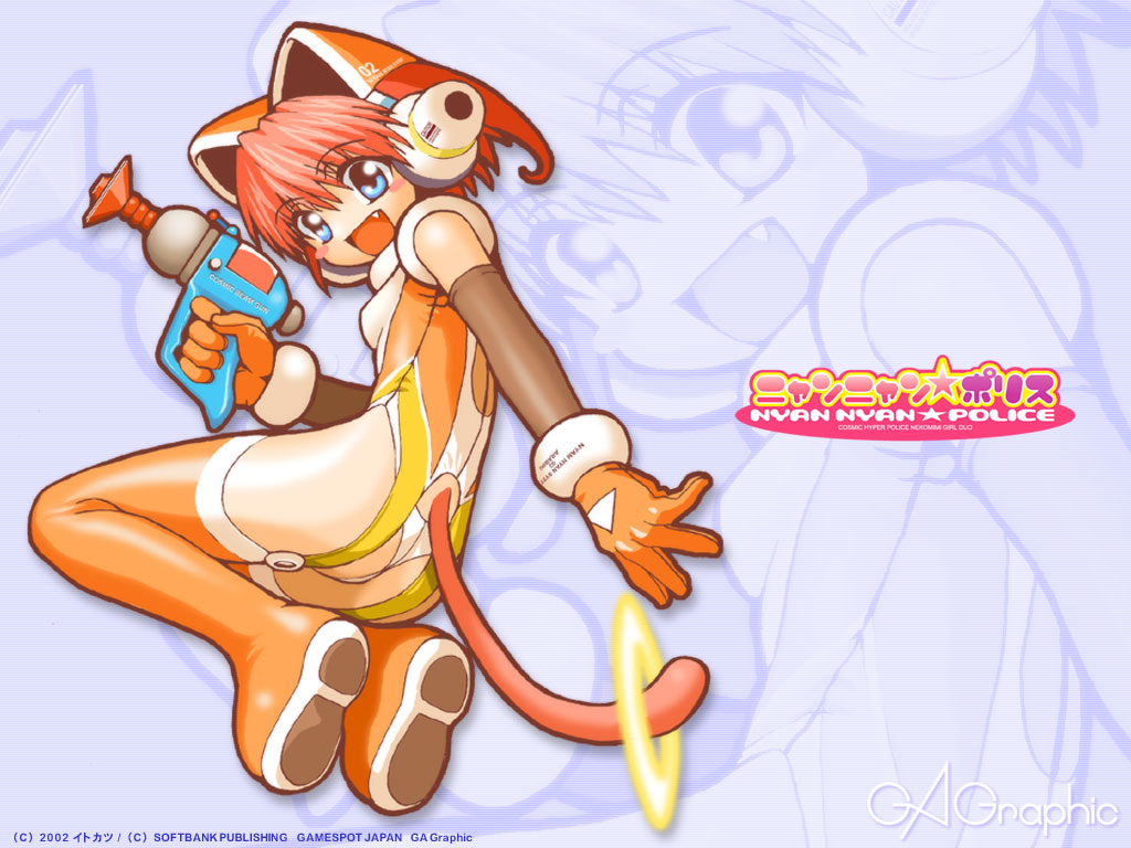 itokatsu, airi cosmos, gagraphic, nyan nyan police, 00s, 2002, animal ears, ass, bare shoulders, blue eyes, blush, bodysuit, boots, cat ears, cat tail, elbow gloves, energy gun, fake animal ears, fang, gloves, gun, halo, happy, panties, pink hair, ray gun, red hair, scanlines, short hair, smile, solo, tail, thigh boots, thighhighs, underwear, weapon, zoom layer