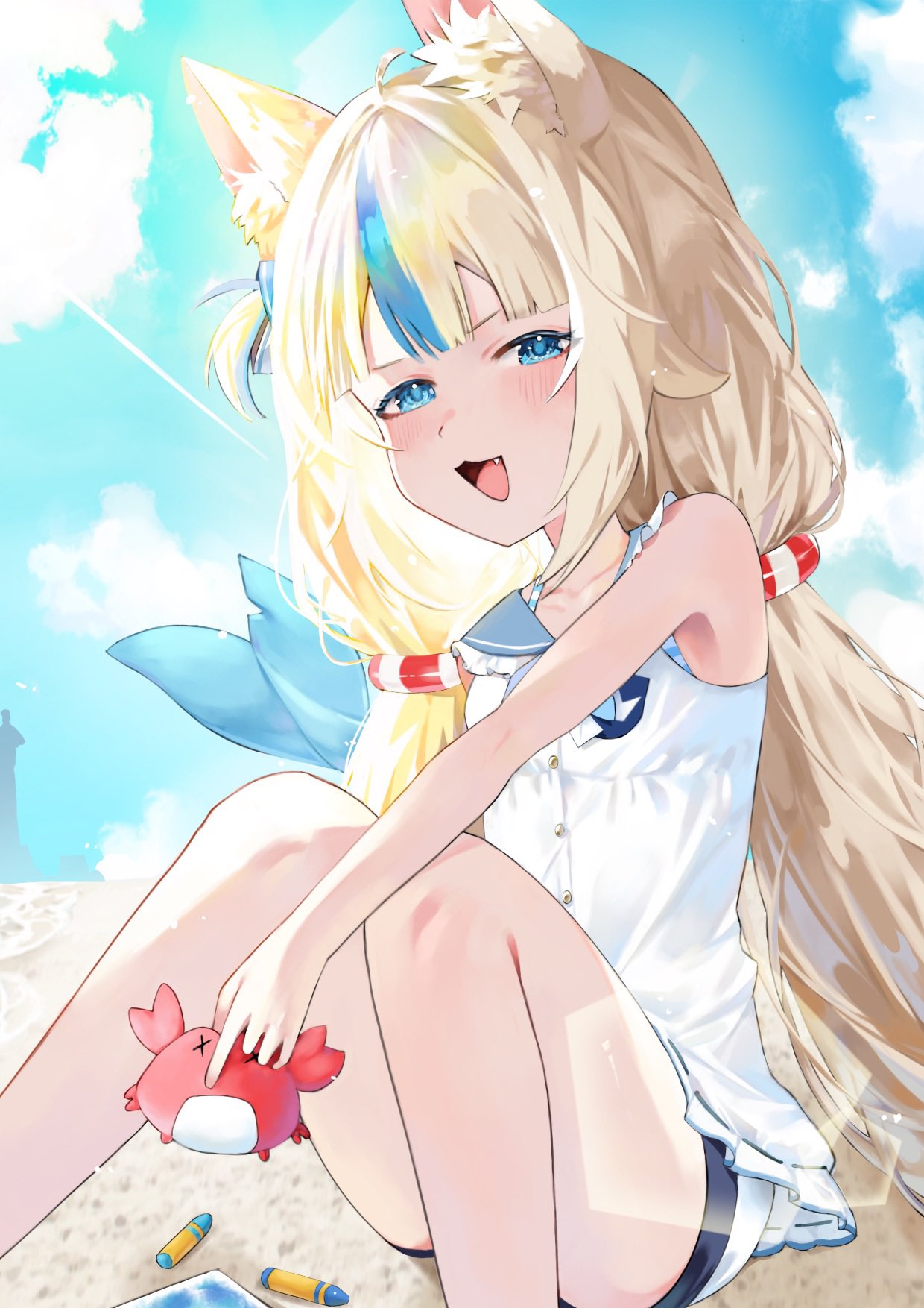 kaniki (sameko saba), sameko saba, sameko saba (1st costume), indie virtual youtuber, commentary, hashtag-only commentary, highres, 1girl, ahoge, animal ear fluff, animal ear headphones, animal ears, beach, bikini, blonde hair, blue bikini, blue eyes, blue hair, blue sailor collar, blunt bangs, cat ears, cloud, cloudy sky, collar, crayon, dress, fake animal ears, feet out of frame, fins, fish girl, fish tail, frilled collar, frilled sailor collar, frills, headphones, konnichi wanko, lifebuoy hair ornament, long hair, low twintails, multicolored hair, on ground, one side up, sailor collar, sailor dress, short shorts, shorts, sitting, sky, sleeveless, sleeveless dress, solo, streaked hair, swimsuit, tail, twintails, very long hair, white dress, white hair, white shorts