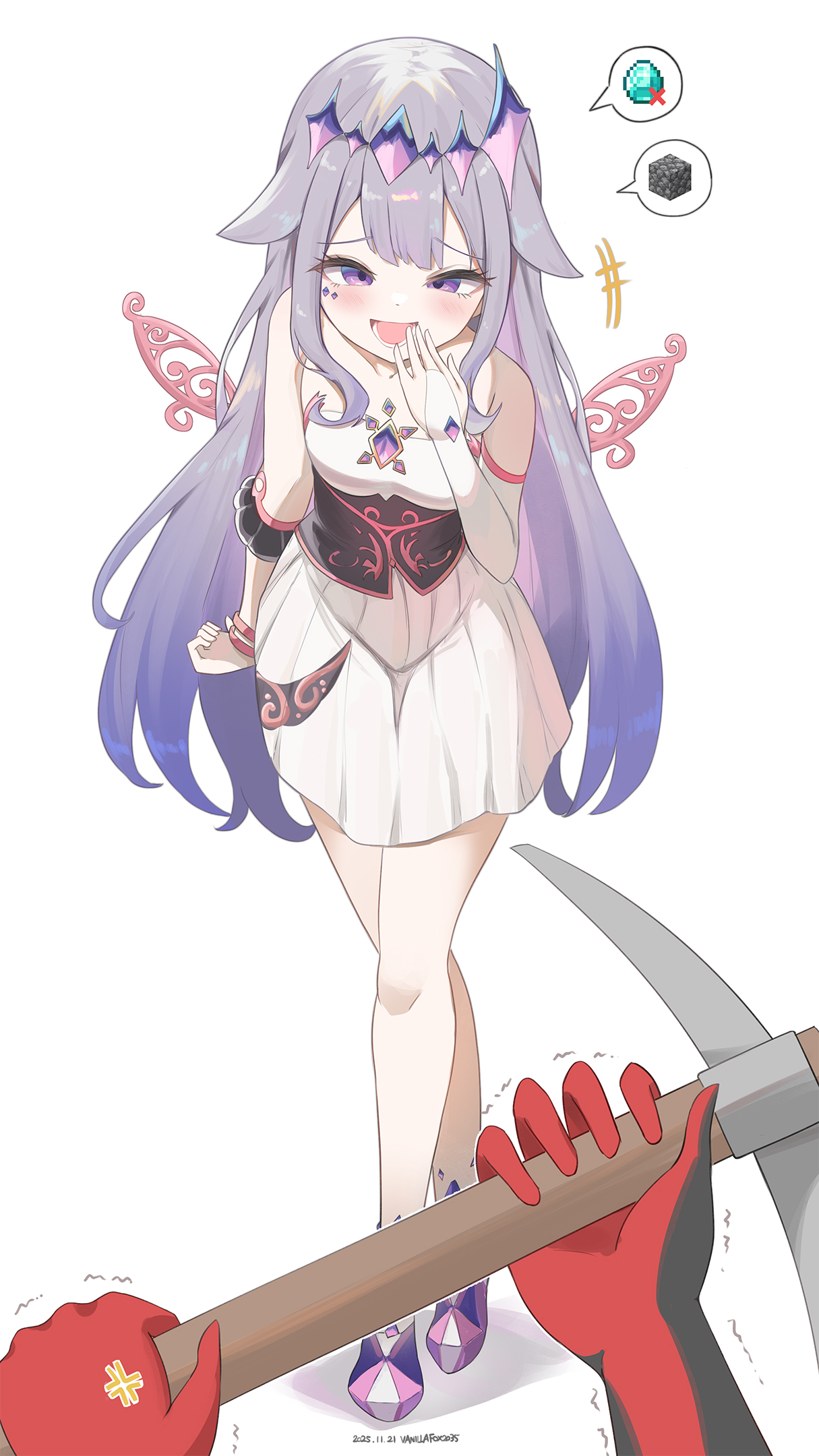 vanillafox2035, kaela kovalskia, koseki bijou, koseki bijou (1st costume), hololive, hololive english, hololive indonesia, highres, 2girls, :d, anger vein, bare shoulders, diamond (minecraft), dress, elbow gloves, female pov, fingerless gloves, gem, gloves, gradient hair, hair between eyes, hair ornament, hand on own face, holding, long hair, mesugaki, multicolored hair, multiple girls, open mouth, pickaxe, pov, purple eyes, purple hair, simple background, smile