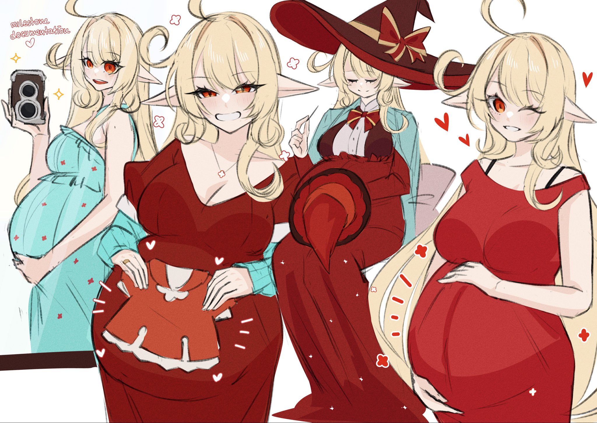 mamaprofennn, alice (genshin impact), genshin impact, blonde hair, blue dress, breasts, camera, dress, elf, hat, jewelry, large breasts, long hair, necklace, one eye closed, pointy ears, pregnant, red dress, red eyes, smile, wink, witch hat