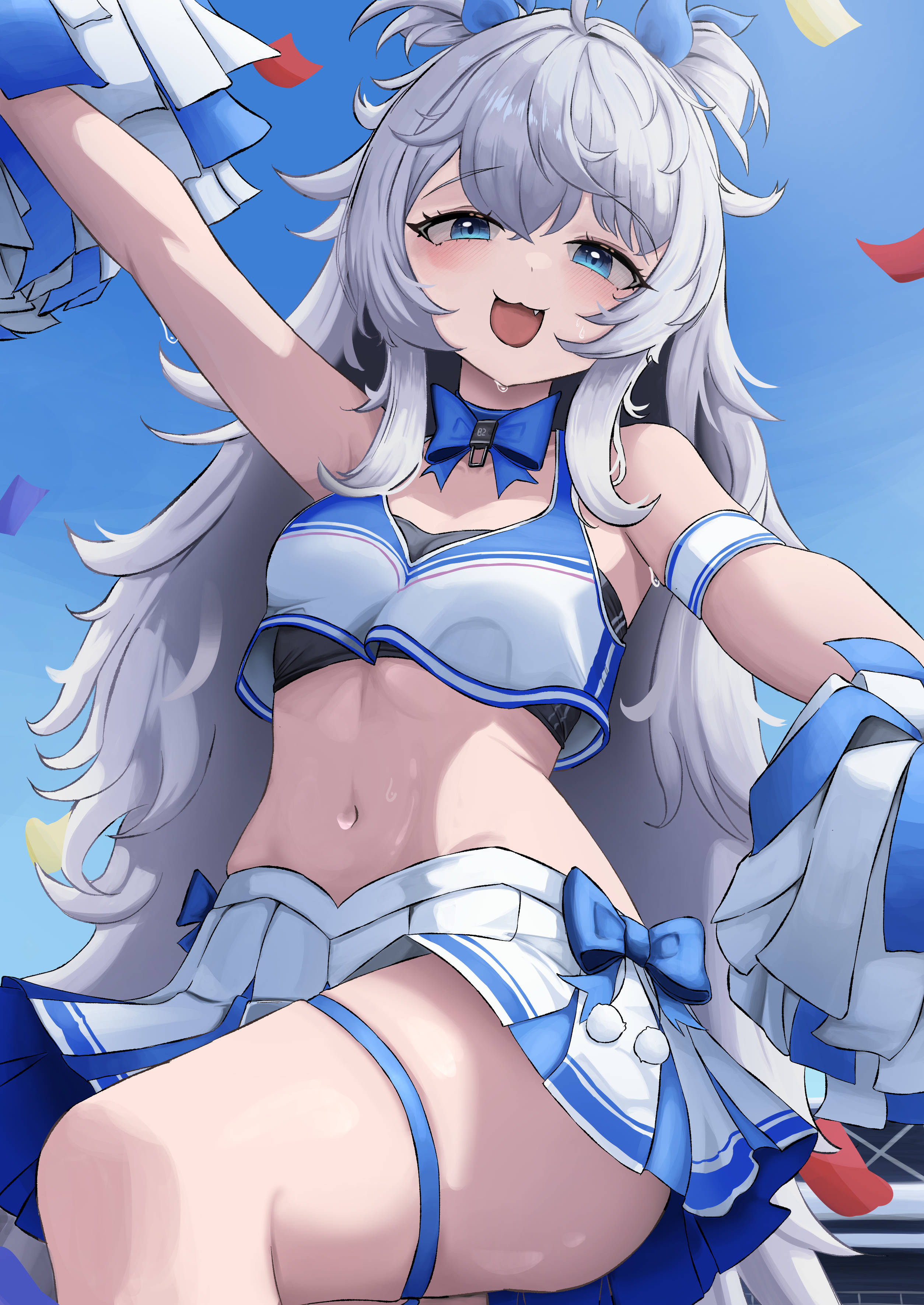 small chair (xiaosaiyi33818), poli (cheer up police) (nikke), poli (nikke), goddess of victory: nikke, absurdres, highres, 1girl, :3, black sports bra, blue bow, blue bowtie, blue eyes, bow, bowtie, cheerleader, crop top, fang, knee up, long hair, navel, open mouth, pleated skirt, pom pom (cheerleading), shirt, skirt, solo, sports bra, stomach, sweatdrop, white hair, white shirt, white skirt