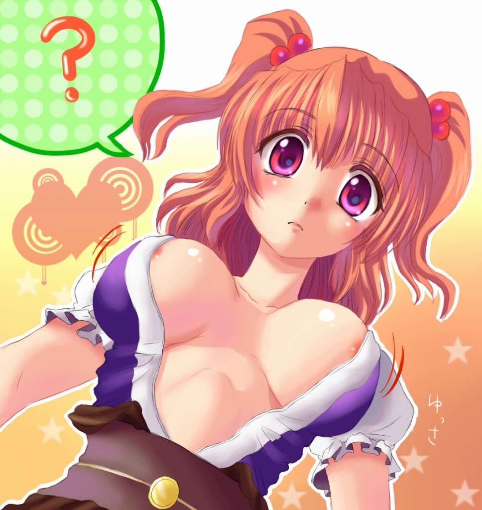 creamy mamiwo, onozuka komachi, touhou, 1girl, ?, areola slip, breasts, breasts apart, cleavage, clueless, female focus, hair bobbles, hair ornament, large breasts, motion lines, nipple slip, nipples, no bra, open clothes, open shirt, red eyes, red hair, shirt, short hair, solo, twintails, two side up, v-neck