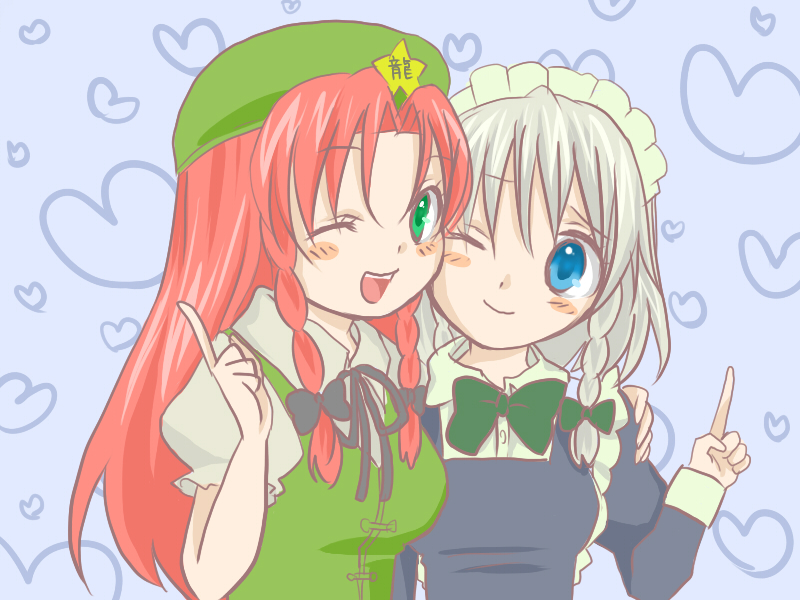 mitsuko, hong meiling, izayoi sakuya, embodiment of scarlet devil, touhou, bad id, bad pixiv id, 2girls, braid, breasts, female focus, hairband, hat, heart, maid, multiple girls, ribbon, twin braids, upper body, wink