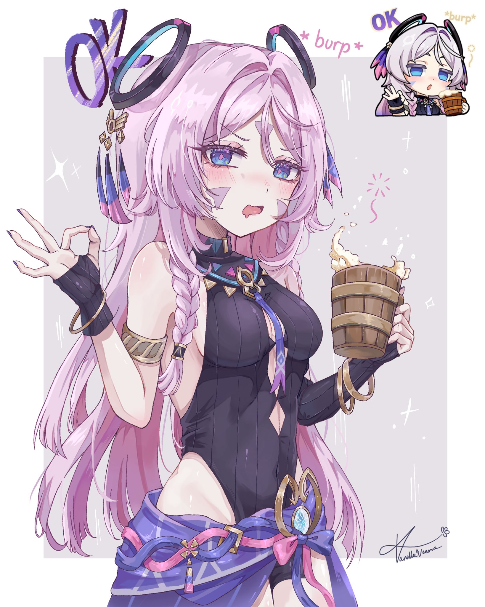 vanillashiii, citlali (genshin impact), genshin impact, commentary, highres, 1girl, alcohol, armlet, asymmetrical gloves, bare shoulders, beer, beer mug, black gloves, black leotard, blue eyes, blush, bracelet, braid, breasts, cowboy shot, cryo symbol (genshin impact), cup, drunk, facial mark, fingerless gloves, floating headgear, forehead mark, genshin impact sticker redraw (meme), gloves, grey background, hair intakes, headgear, holding, holding cup, jewelry, leotard, long hair, looking at viewer, medium breasts, meme, mug, official art inset, ok sign, open mouth, pink hair, pink pupils, sideboob, signature, triangle, triangle facial mark, twin braids, uneven gloves, vision (genshin impact)