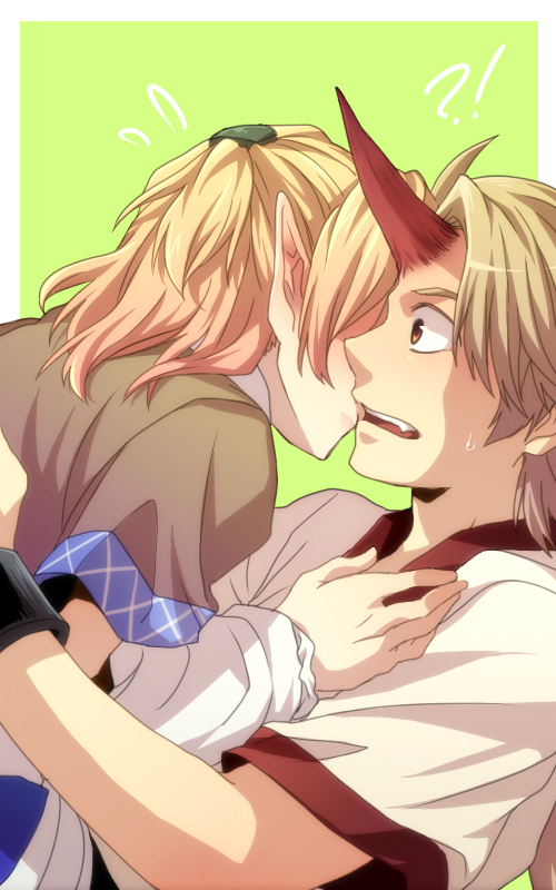 re ghotion, hoshiguma yuugi, mizuhashi parsee, touhou, bad id, bad pixiv id, !?, 2girls, arm warmers, blonde hair, fang, female focus, half updo, horns, hug, kiss, long hair, multiple girls, open mouth, pointy ears, red eyes, role reversal, scarf, short hair, single horn, surprised, sweat, sweatdrop, yuri