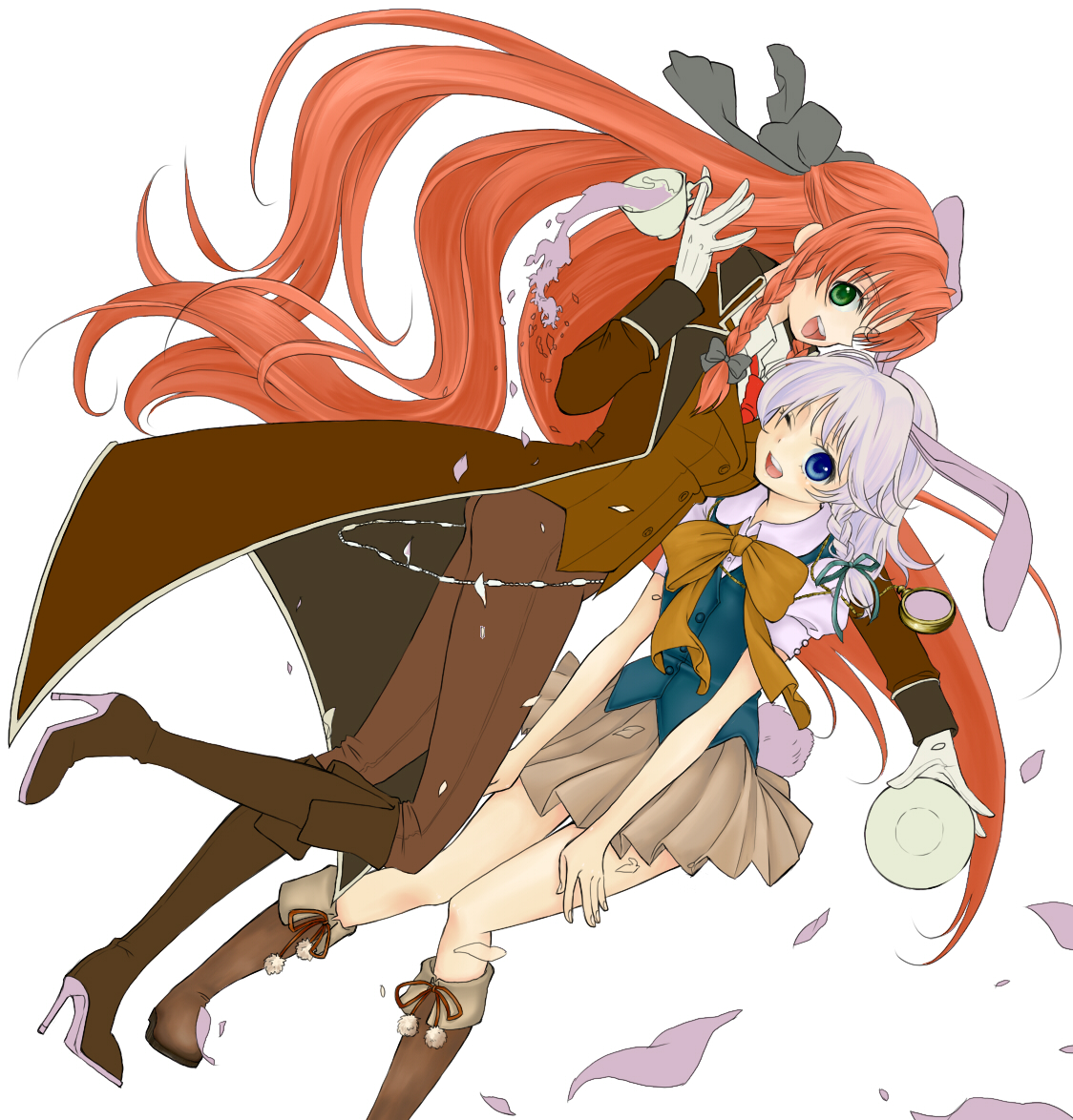 mitsuko, hong meiling, izayoi sakuya, mad hatter (alice in wonderland), march hare (wonderland), alice's adventures in wonderland, touhou, silver hair, bad id, bad pixiv id, 2girls, animal ears, blue eyes, boots, braid, cosplay, cup, female focus, gloves, green eyes, high heels, knee boots, long hair, mad hatter (alice in wonderland) (cosplay), multiple girls, one eye closed, parody, petals, pocket watch, rabbit ears, rabbit tail, red hair, ribbon, rose petals, shoes, short hair, tail, tea, teacup, twin braids, watch, wink