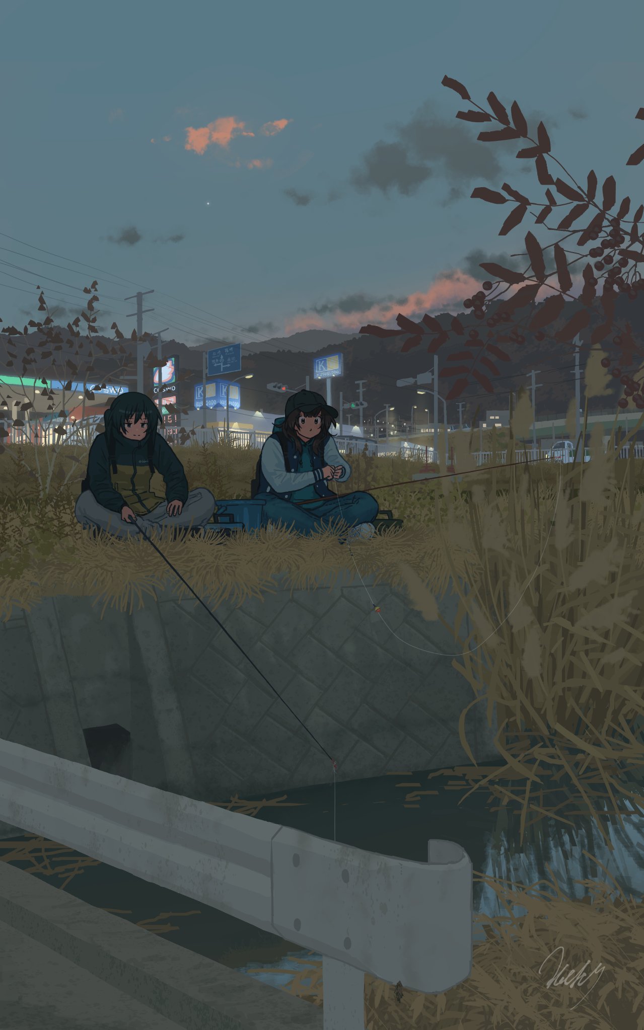 natsuno kanasemi, original, highres, 2girls, baseball cap, black hair, brown hair, denim, dusk, fishing, fishing rod, grass, guard rail, hat, holding, holding fishing rod, indian style, jacket, jeans, lamppost, letterman jacket, long hair, long sleeves, mountainous horizon, multiple girls, outdoors, pants, pond, sign, signature, sitting, sky, tackle box, twintails, utility pole, water