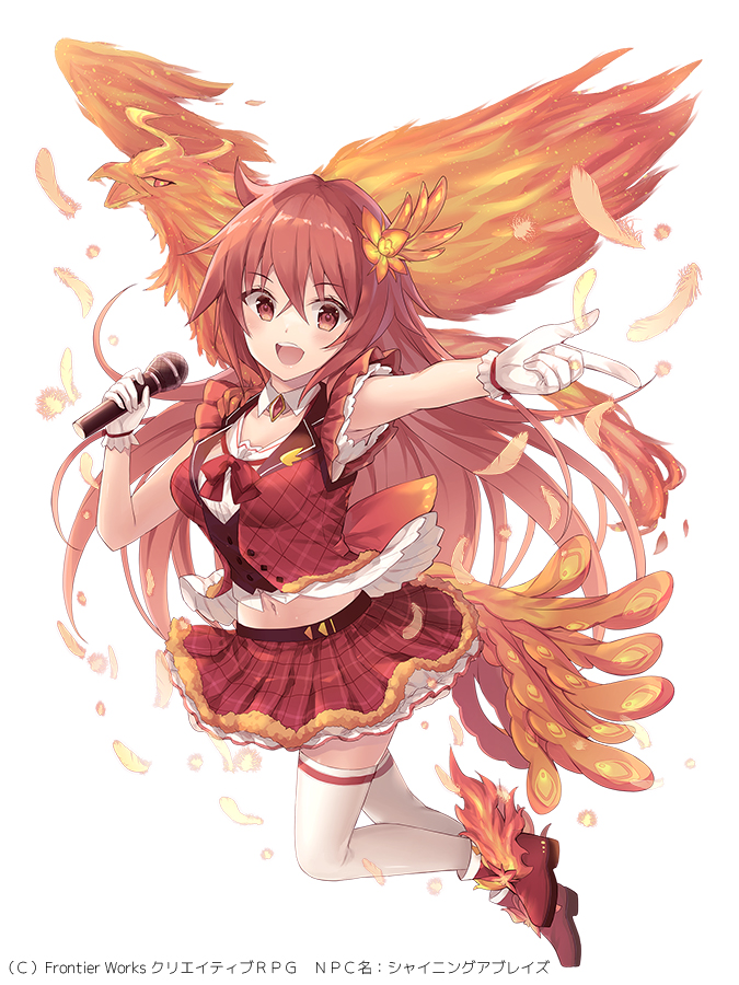 tougo, creativerpg, character request, commentary request, official art, variant set, 1girl, :d, bird, boots, breasts, copyright notice, feather hair ornament, feathers, floating hair, full body, gloves, hair between eyes, hair ornament, hands up, holding, holding microphone, long hair, looking at viewer, medium breasts, microphone, midriff, miniskirt, navel, open mouth, phoenix, pleated skirt, pleated vest, red boots, red eyes, red hair, red ribbon, red skirt, red vest, ribbon, shirt, skindentation, skirt, sleeveless, sleeveless shirt, smile, solo, teeth, thighhighs, tongue, upper teeth only, vest, white gloves, white shirt, white thighhighs, zettai ryouiki