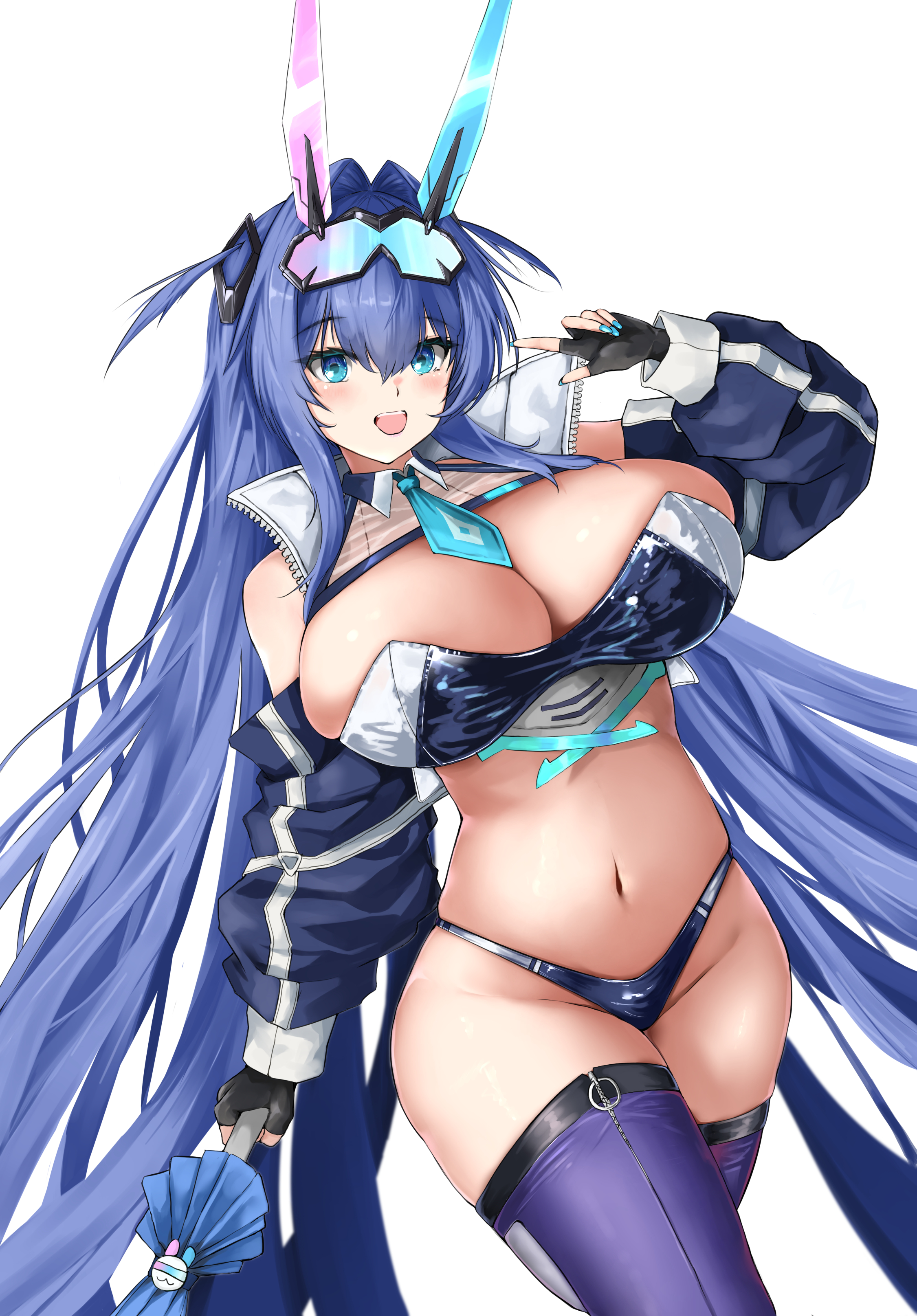 ojisan f, new jersey (azur lane), new jersey (black blur prelude) (azur lane), azur lane, absurdres, highres, 1girl, animal ears, blue eyes, blue hair, blue panties, blue thighhighs, breasts, cleavage, eyewear on head, gloves, holding, holding umbrella, huge breasts, large breasts, long hair, looking at viewer, navel, necktie, official alternate costume, panties, planted, planted umbrella, race queen, smile, solo, thighhighs, umbrella, underwear, v, very long hair