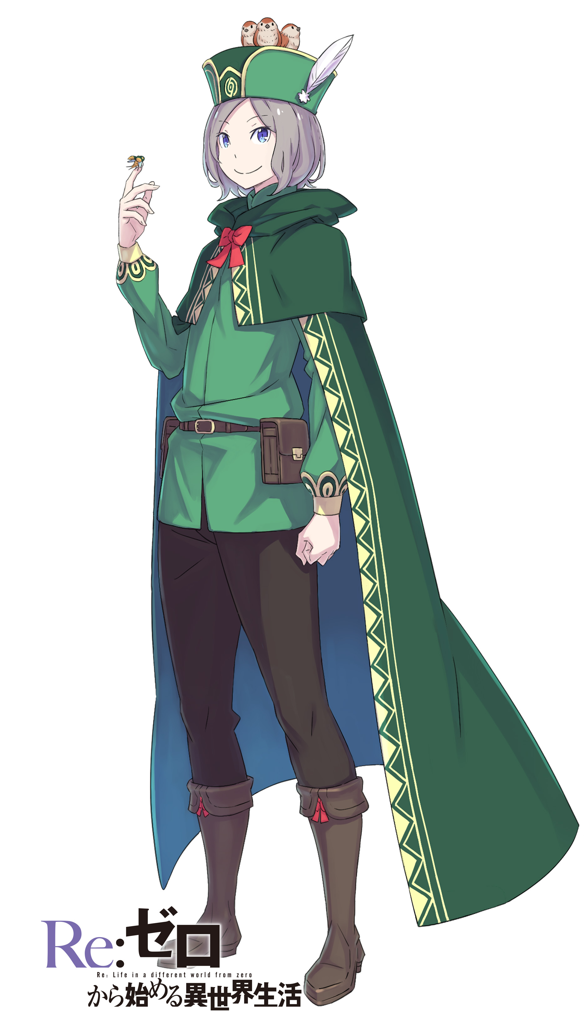 ootsuka shin'ichirou, otto suewen, re:zero kara hajimeru isekai seikatsu, absurdres, commentary request, highres, official art, animal, animal on head, belt, belt pouch, bird, bird on head, black pants, blue eyes, boots, bow, bowtie, brown belt, bug, capelet, clenched hand, cloak, closed mouth, collared shirt, copyright name, english text, full body, green capelet, green cloak, green hat, green shirt, grey boots, grey hair, hand up, hat, looking at viewer, on head, open hand, pants, parted bangs, pouch, red bow, shirt, short hair, simple background, smile, solo, sparrow, standing, tachi-e, title, tsurime, white background