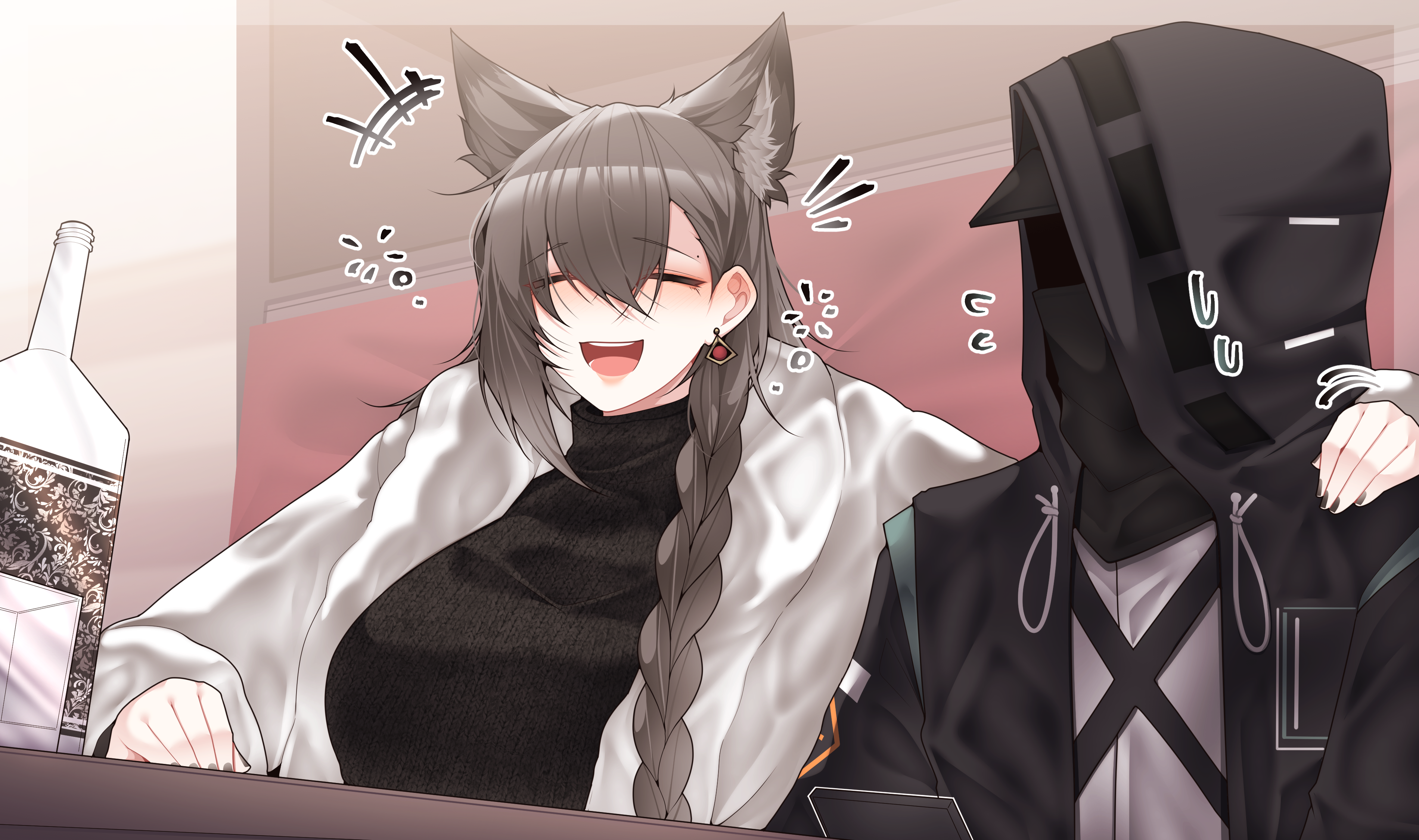 samip, doctor (arknights), penance (arknights), penance (occasionally flushed) (arknights), arknights, absurdres, commentary, english commentary, highres, 1girl, 1other, alcohol, ambiguous gender, animal ears, black coat, black jacket, black sweater, blush, border, bottle, braid, breasts, brown hair, cellphone, closed eyes, coat, drink, drunk, earrings, extra ears, glass, hair between eyes, hand on another's shoulder, hood, hood up, hooded coat, hooded jacket, indoors, jacket, jewelry, long hair, long sleeves, looking to the side, mole, mole above eye, mole on forehead, motion lines, notice lines, official alternate costume, open clothes, open jacket, phone, pink nails, shelf, single braid, sitting, smartphone, smile, squeans, sweater, table, tail, teeth, tongue, turtleneck, turtleneck sweater, upper teeth only, white border, white jacket, wine, wolf ears, wolf girl