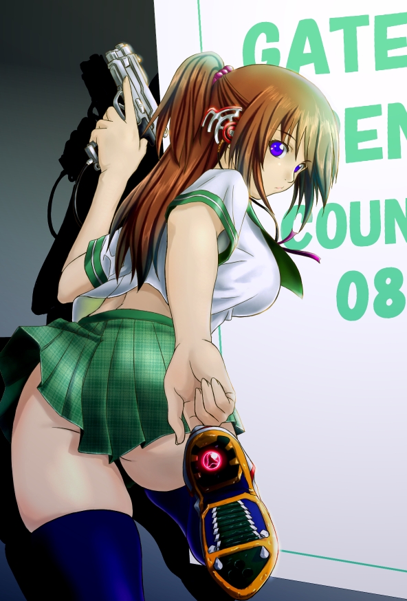 switch01, original, 1girl, ass, blue eyes, breasts, brown hair, clothes lift, convenient skirt, female focus, from behind, gun, large breasts, looking back, midriff, pleated skirt, ponytail, school uniform, shadow, shoes, skirt, skirt lift, solo, thighhighs, weapon, zettai ryouiki