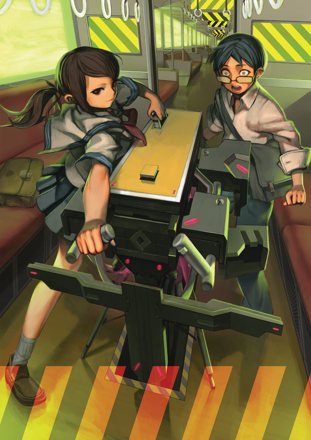 match (idleslumber), original, pixiv festa, highres, 1boy, 1girl, :o, machine, school uniform, serafuku, train, train interior
