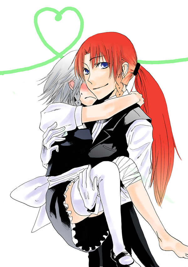 kamaboko tarou, hong meiling, izayoi sakuya, embodiment of scarlet devil, touhou, bad id, bad pixiv id, 2girls, alternate hairstyle, bandages, barefoot, blue eyes, blush, butler, carrying, crossdressing (ftm), embarrassed, female butler, female focus, formal clothes, gloves, heart, heart of string, maid, multiple girls, pant suit, pants, ponytail, princess carry, shoes, single shoe, smile, suit, thighhighs, white gloves, yuri