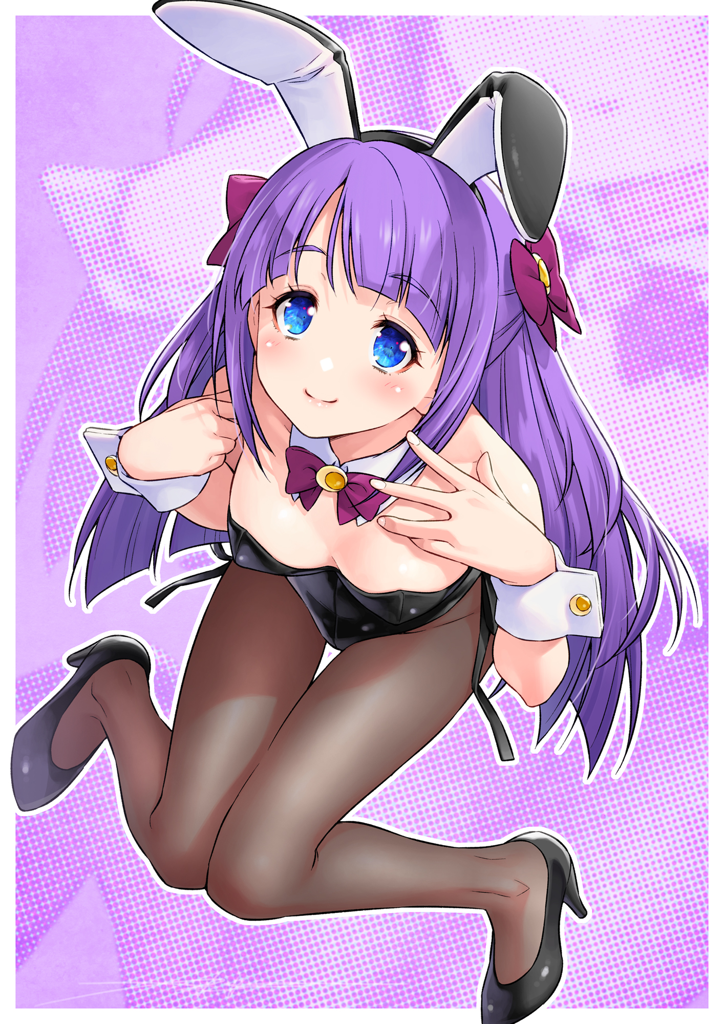 kazuma muramasa, kaguya madoka, precure, star twinkle precure, highres, 1girl, animal ears, bare shoulders, black pantyhose, black shoes, blue eyes, blush, bow, bowtie, breasts, cleavage, detached collar, fake animal ears, hair ornament, hair ribbon, high heels, leotard, long hair, looking at viewer, pantyhose, playboy bunny, purple background, purple hair, rabbit ears, ribbon, shoes, smile, solo, strapless, strapless leotard, wrist cuffs