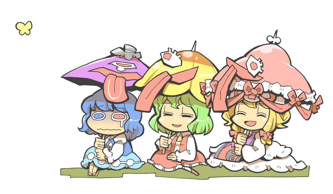 hounori, kazami yuuka, tatara kogasa, yakumo yukari, touhou, 3girls, ascot, blonde hair, blue hair, chibi, closed eyes, female focus, green hair, heterochromia, karakasa obake, multiple girls, simple background, sitting, smile, teardrop, tongue, trait connection, turn pale, umbrella, white background