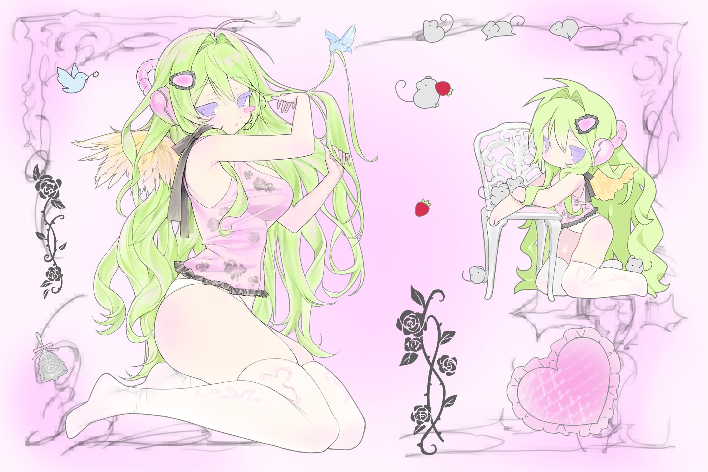 kichiko (ryu10855), original, commentary, highres, symbol-only commentary, 1girl, :/, armpit crease, bare arms, behind-the-head headphones, bird, black ribbon, blush stickers, border, breasts, chair, chibi, chibi inset, feathered wings, frilled shirt, frills, from side, full body, green hair, hair intakes, hair ornament, hands in own hair, hands up, headphones, inset border, kneeling, leaning on object, long hair, looking at viewer, medium breasts, mouse (animal), multiple views, no shoes, ornate border, panties, pink background, pink shirt, purple eyes, ribbon, see-through clothes, see-through shirt, shirt, single blush sticker, skindentation, tank top, thighhighs, underwear, very long hair, wavy hair, white panties, white thighhighs, wings, yellow wings