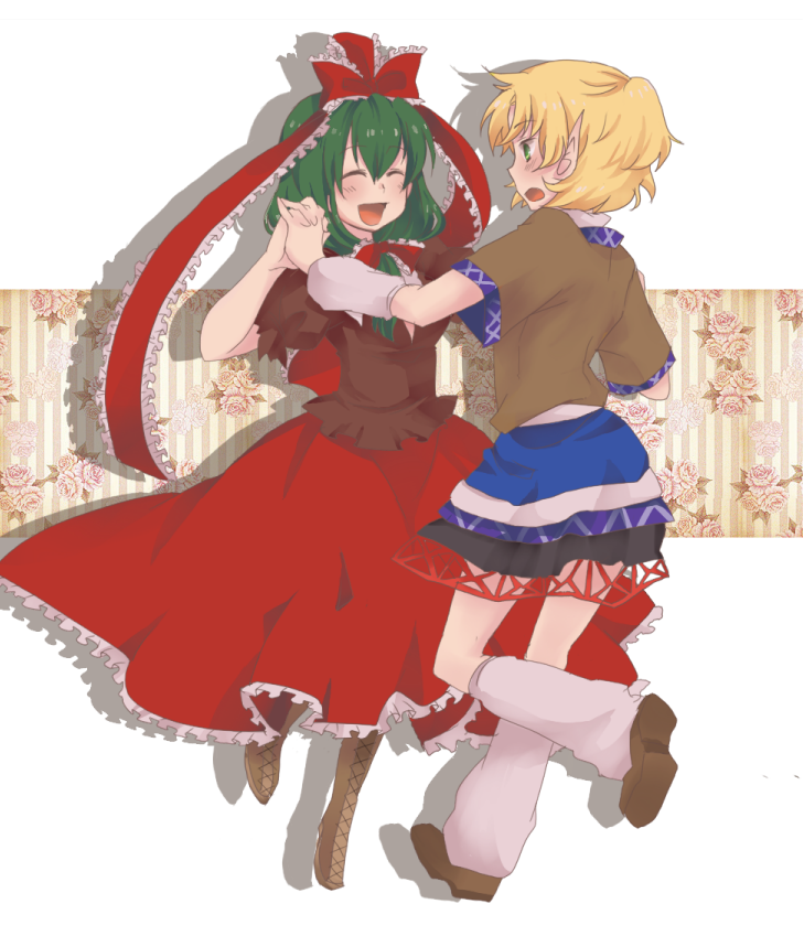 kuzumiya yuyu, kagiyama hina, mizuhashi parsee, touhou, bad id, bad pixiv id, 2girls, blonde hair, female focus, front ponytail, green hair, half updo, happy, multiple girls, ribbon, short hair