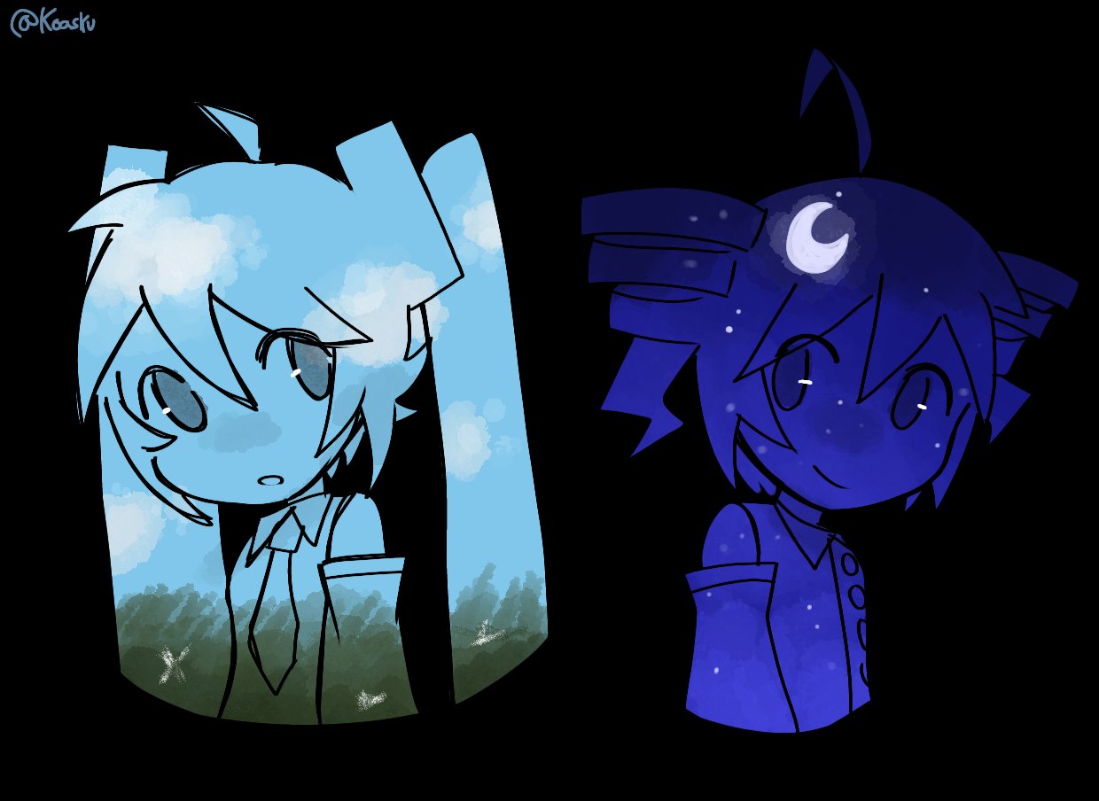 koasku, hatsune miku, kasane teto, kasane teto (utau), utau, vocaloid, 2girls, ahoge, black background, collared shirt, crescent moon, cropped torso, detached sleeves, drill hair, long hair, looking at another, looking to the side, moon, multiple girls, necktie, night, night sky, open mouth, shirt, sky, sleeveless, sleeveless shirt, smile, star (sky), starry sky, twin drills, twintails