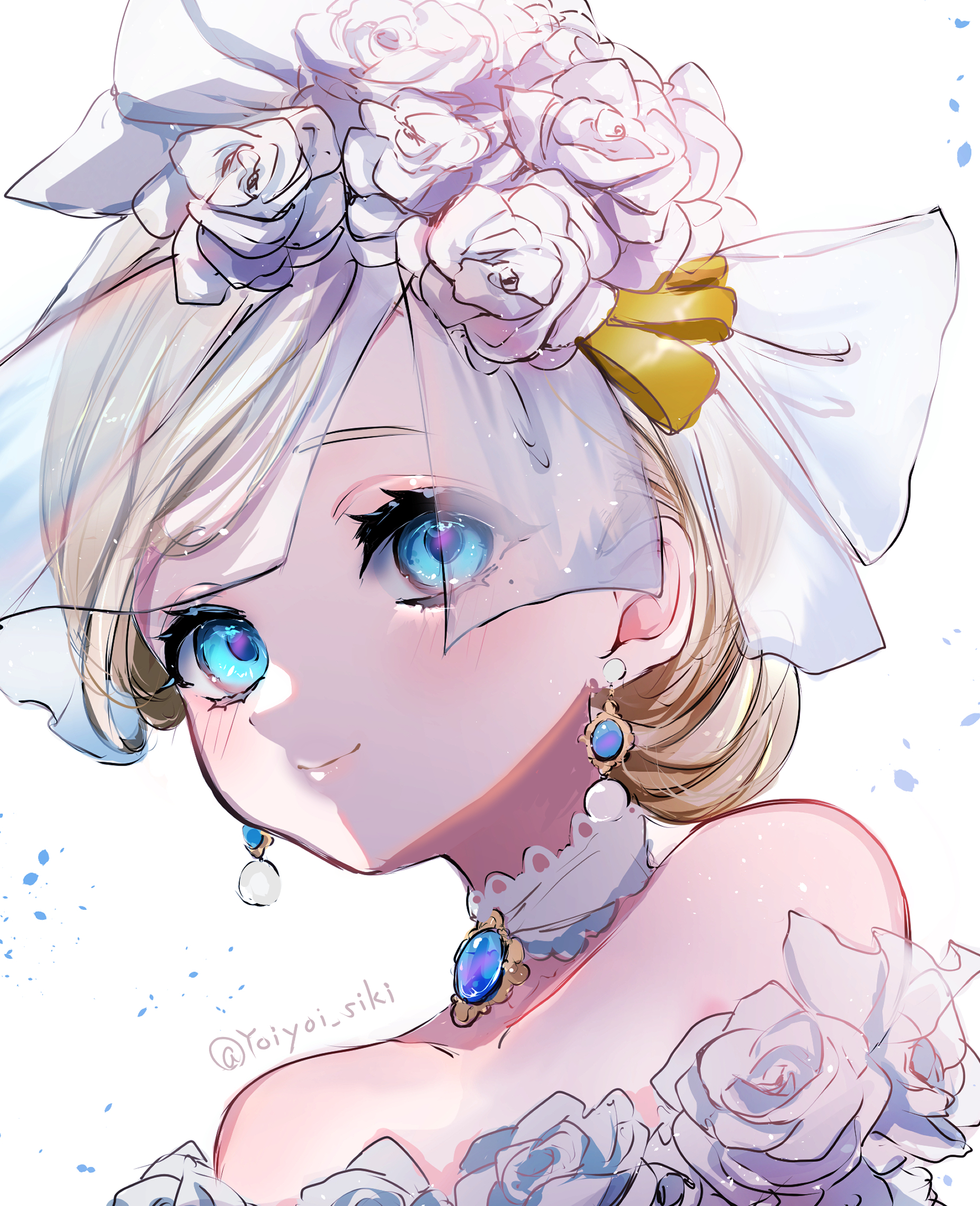 chigiri kurenai, vera nair, vera nair (tonight or never), identity v, highres, 1girl, blonde hair, blue eyes, blue gemstone, choker, earrings, eyelashes, flower, gem, hair bun, hair flower, hair ornament, jewelry, lace, lace choker, light smile, looking at viewer, mole, mole under eye, official alternate costume, pearl earrings, pendant choker, portrait, rose, see-through clothes, see-through veil, solo, twitter username, veil, white choker, white flower, white rose, white veil