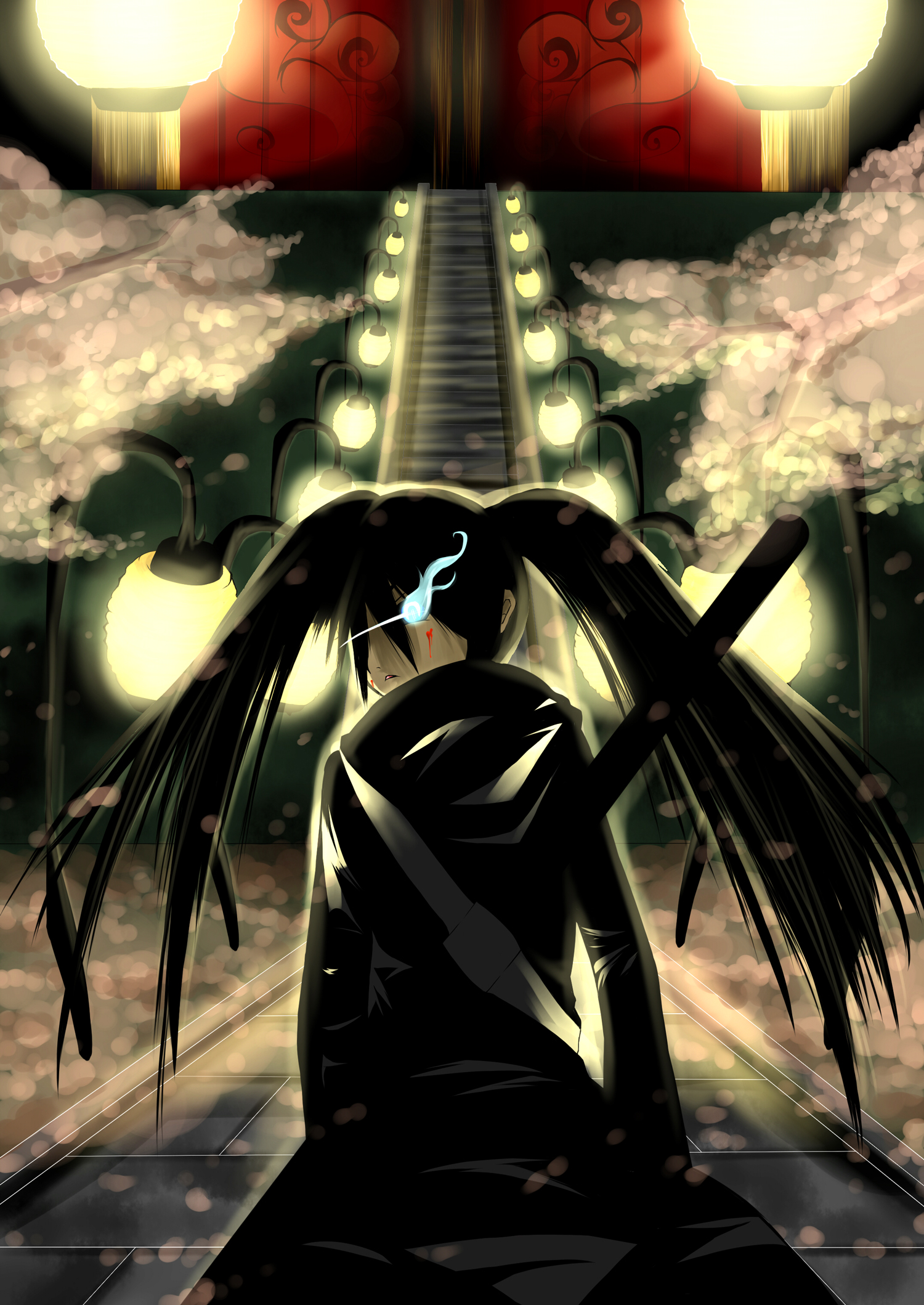 humangate, rannosuke, black rock shooter (character), black rock shooter, vocaloid, highres, 10s, 1girl, black hair, blood, blue eyes, cherry blossoms, coat, female focus, glowing, glowing eyes, katana, lamp, lantern, long hair, looking back, solo, stairs, sword, twintails, uneven twintails, weapon