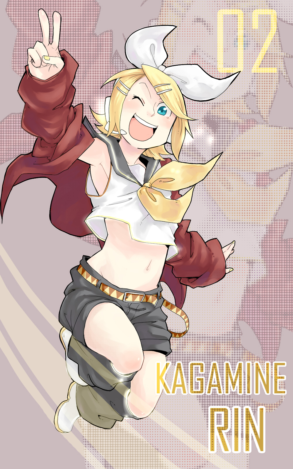 a-ka, kagamine rin, vocaloid, highres, 1girl, armpits, blonde hair, blue eyes, female focus, hair ornament, hair ribbon, hairclip, headphones, headset, jacket, jumping, midriff, navel, ribbon, short hair, shorts, smile, solo, v, wink