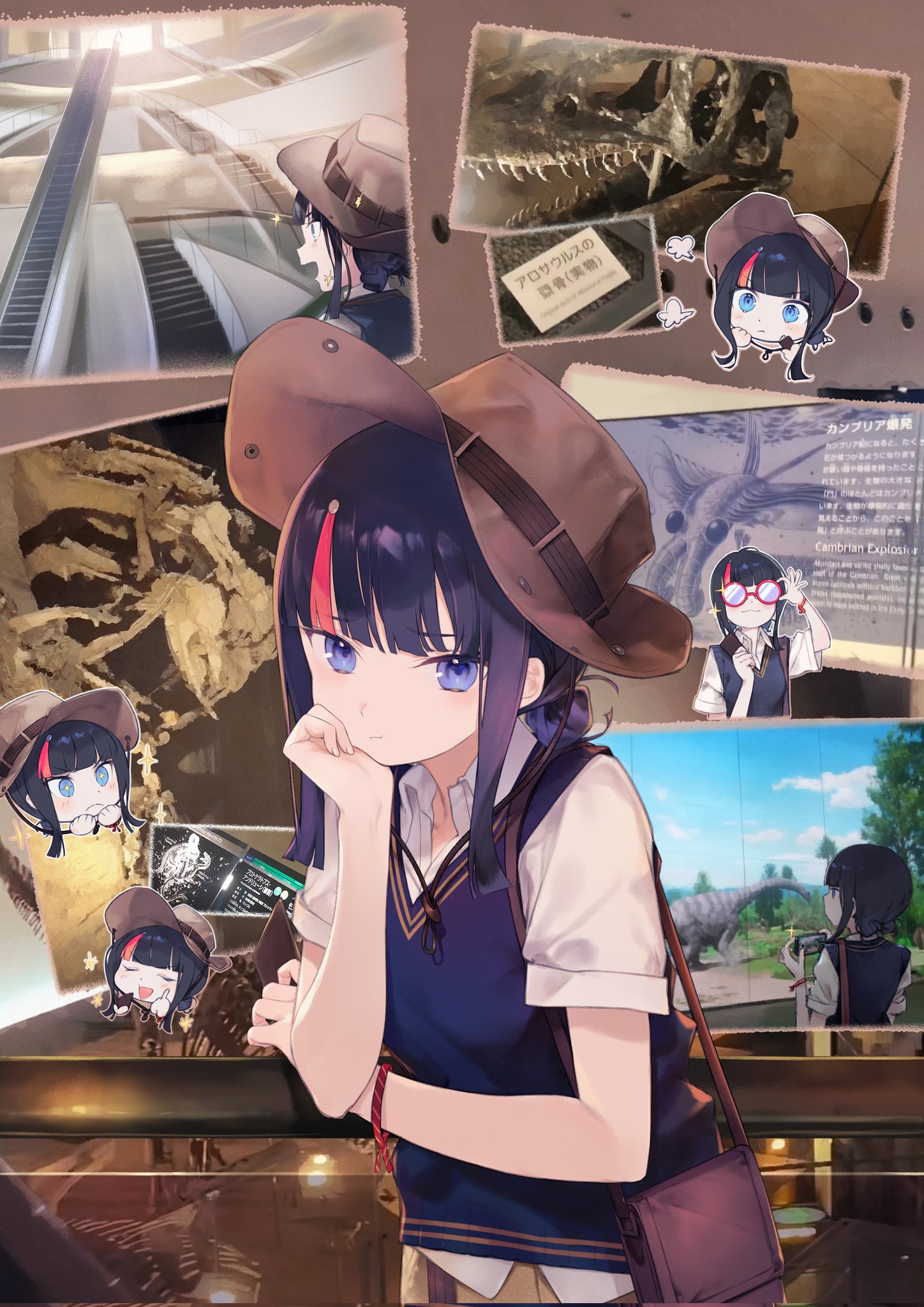 daisi gi, utsumi erice, fate/grand order, fate (series), highres, 1girl, anomalocaris, black hair, blue eyes, blue vest, brown hat, chibi, glasses, hat, medium hair, multicolored hair, multiple views, pink hair, round eyewear, shirt, short sleeves, sidelocks, streaked hair, utsumi erice (over the same sky), vest, white shirt