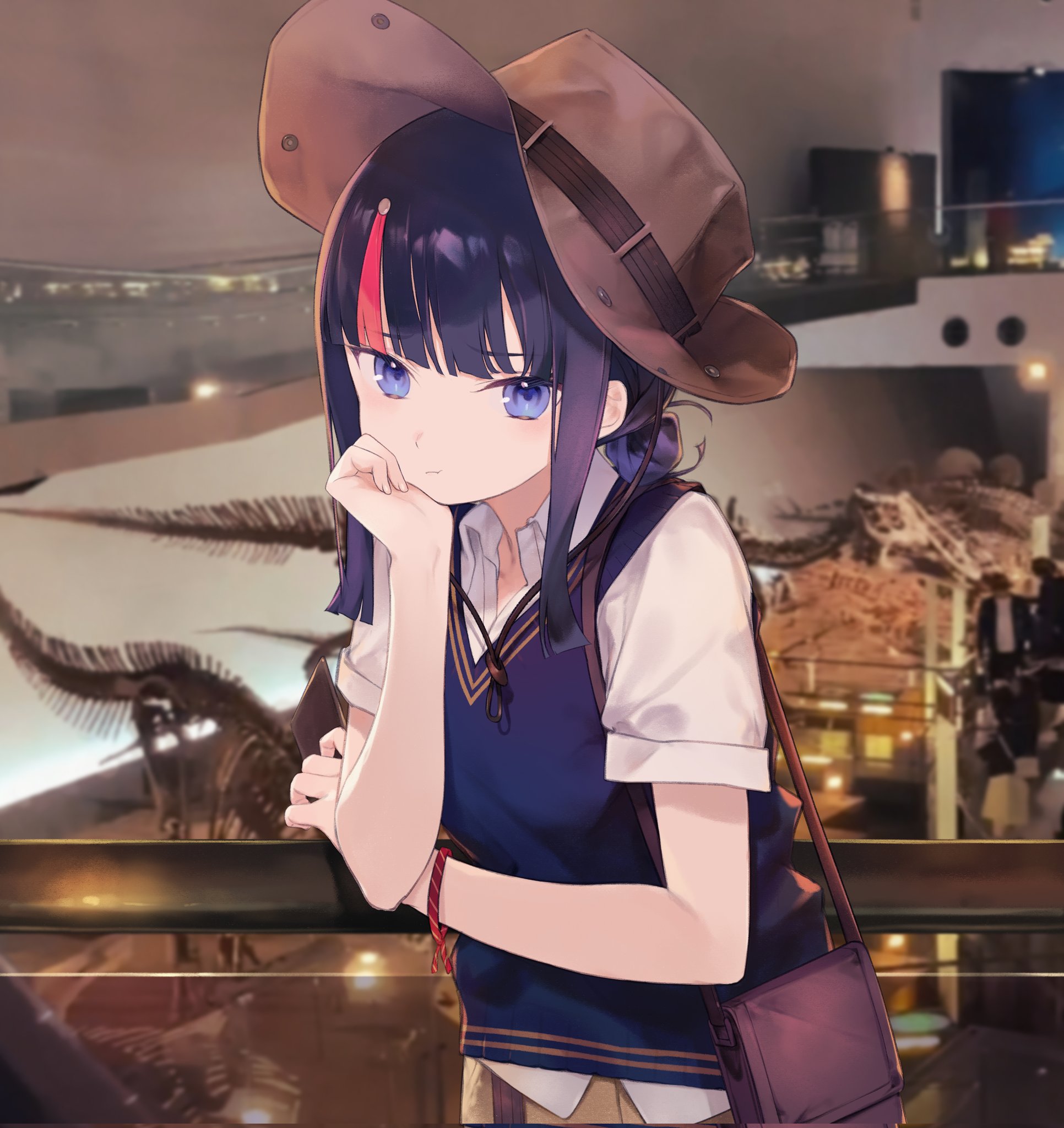 daisi gi, utsumi erice, fate/grand order, fate (series), highres, 1girl, black hair, blue eyes, blue vest, brown hat, hat, medium hair, multicolored hair, pink hair, shirt, short sleeves, sidelocks, solo, streaked hair, utsumi erice (over the same sky), vest, white shirt