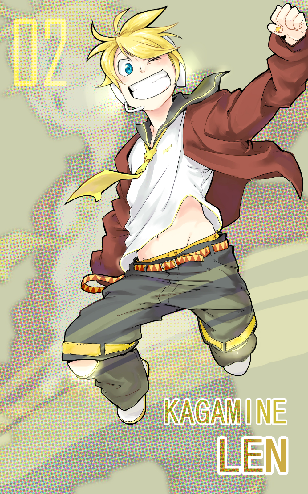 a-ka, kagamine len, vocaloid, highres, 1boy, blonde hair, blue eyes, grin, headphones, headset, jacket, jumping, male focus, necktie, one eye closed, short hair, shorts, smile, solo, wink, yellow necktie