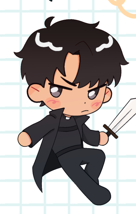 dokjasepilogue, yoo joonghyuk, omniscient reader's viewpoint, 1boy, black coat, black eyes, black hair, black shirt, chibi, chibi only, coat, curtained hair, full body, holding, holding sword, holding weapon, looking to the side, male focus, open clothes, open coat, outstretched arm, serious, shirt, short hair, solo, standing, standing on one leg, sword, weapon