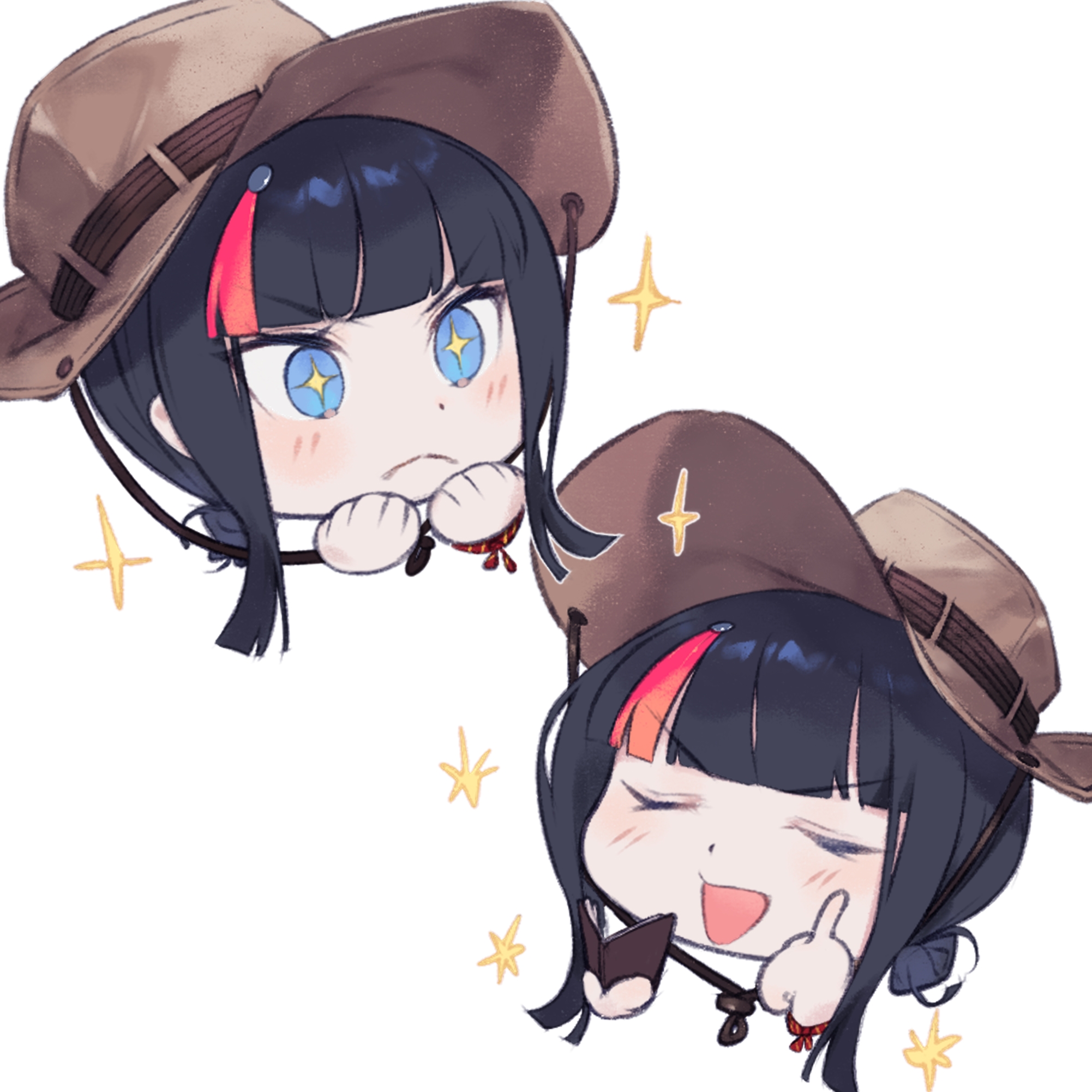 daisi gi, utsumi erice, fate/grand order, fate (series), highres, 1girl, black hair, blue eyes, brown hat, chibi, hat, medium hair, multicolored hair, multiple views, pink hair, sidelocks, streaked hair, utsumi erice (over the same sky)