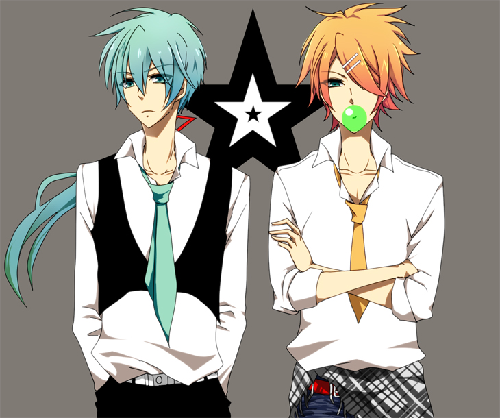 megota, hatsune miku, hatsune mikuo, kagamine rin, kagamine rinto, vocaloid, clothes, 2boys, aqua eyes, aqua hair, blonde hair, blowing bubble gum, blowing bubbles, blue eyes, chewing gum, crossed arms, genderswap, genderswap (ftm), hair ornament, hairclip, long hair, male focus, multiple boys, necktie, ponytail, short hair