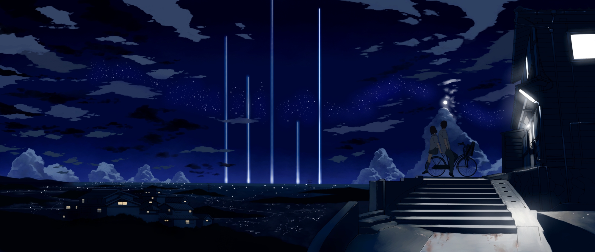shiira, original, bad id, bad pixiv id, highres, long image, wide image, 1boy, 1girl, bicycle, black hair, blue theme, building, city, city lights, cloud, dark, facing away, from side, full moon, horizon, house, kneehighs, landscape, light rays, moon, multiple riders, night, night sky, outdoors, pants, scenery, short hair, short sleeves, sitting, sitting backwards, skirt, sky, socks, stairs, star (sky), star (symbol), starry sky, transmission tower