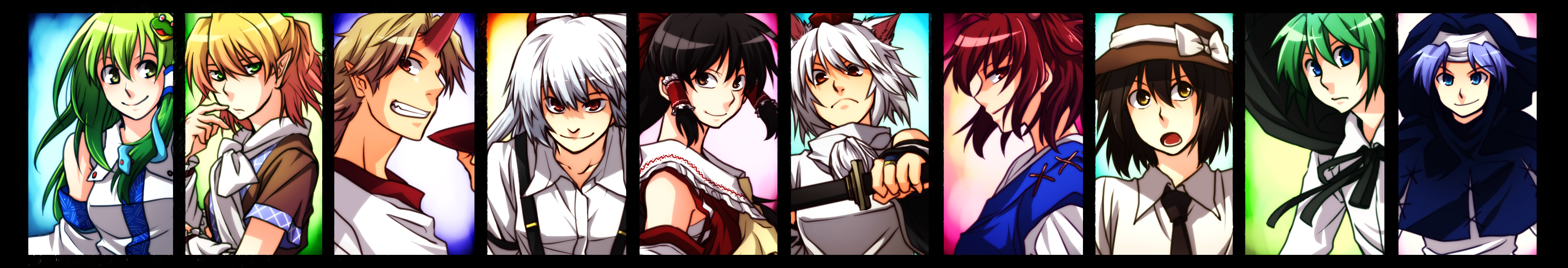 re ghotion, fujiwara no mokou, hakurei reimu, hoshiguma yuugi, inubashiri momiji, kochiya sanae, kumoi ichirin, maribel hearn, mizuhashi parsee, onozuka komachi, usami renko, wriggle nightbug, ghostly field club, touhou, silver hair, bad id, bad pixiv id, highres, long image, wide image, 6+girls, animal ears, antennae, arm warmers, black hair, blonde hair, blue hair, bow, brown hair, cape, column lineup, detached sleeves, female focus, frog, green eyes, green hair, hair bow, hat, hood, horns, japanese clothes, long hair, miko, multiple girls, pointy ears, red eyes, red hair, scarf, short hair, single horn, snake, tokin hat, twintails, two side up, wolf ears, yellow eyes