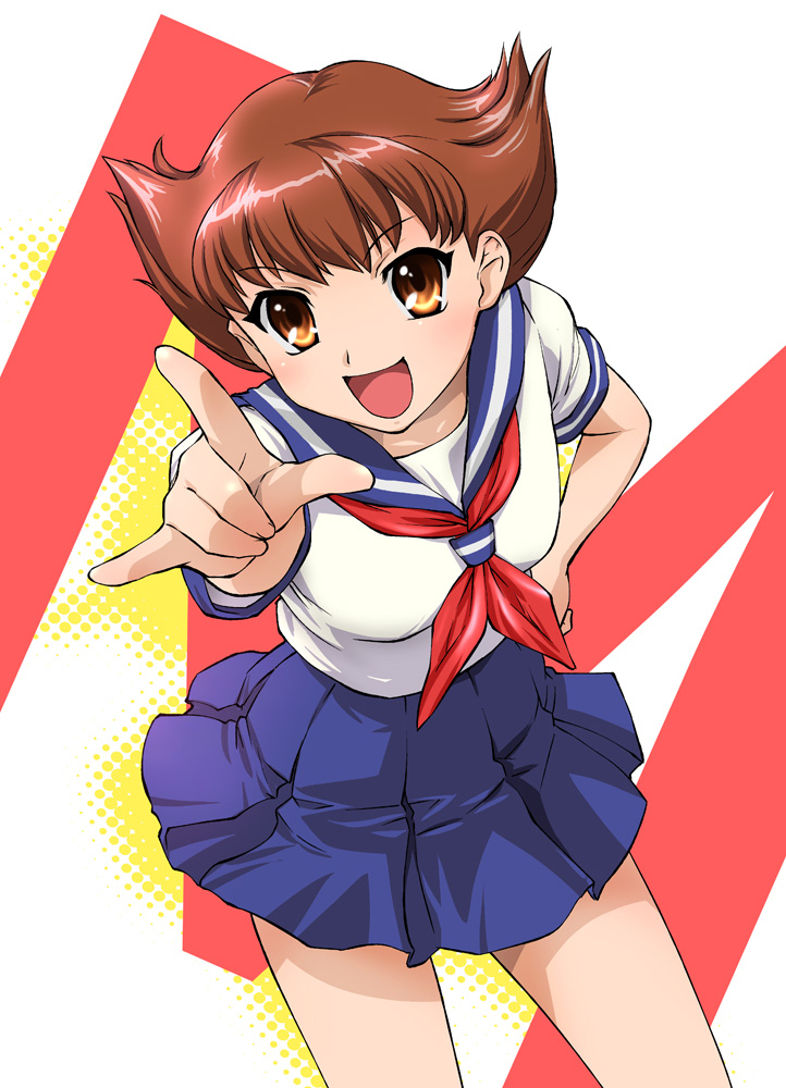 ueyama michirou, sakura mami, esper mami, suzumiya haruhi no yuuutsu, 1girl, m/, breasts, brown eyes, brown hair, female focus, hand on own hip, happy, hip focus, leaning forward, looking at viewer, open mouth, parody, school uniform, shirt, short hair, skirt, small breasts, smile, solo, teleportation, white background
