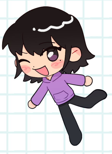 dokjasepilogue, han sooyoung, omniscient reader's viewpoint, 1girl, ;d, black hair, blush, bob cut, chibi, chibi only, full body, hood, hood down, hoodie, looking at viewer, male focus, mole, mole under eye, one eye closed, open mouth, outstretched arms, purple hoodie, short hair, smile, solo, standing, standing on one leg