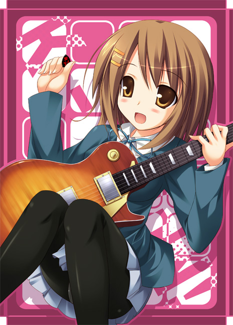fujiwara tooya, hirasawa yui, k-on!, 00s, 1girl, brown eyes, brown hair, electric guitar, female focus, gibson les paul, guitar, instrument, panties, panties under pantyhose, pantyhose, pantyshot, plectrum, school uniform, short hair, solo, underwear, upskirt
