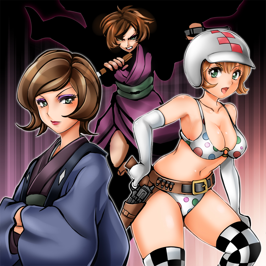 1041 (toshikazu), nishikiori tsubasa, devilman, gakuen taikutsu otoko, mazinger (series), mazinger z, shin mazinger shougeki! z-hen, toei company, violence jack, 00s, 1970s (style), 1girl, angry, belt, bikini, breasts, brown hair, bullet, checkered clothes, checkered legwear, cleavage, crossed arms, dual persona, dual wielding, elbow gloves, eyeshadow, female focus, gloves, green eyes, gun, handgun, helmet, holding, holster, japanese clothes, kimono, knife, lipstick, makeup, o-ring, o-ring top, oldschool, pistol, polka dot, polka dot bikini, polka dot swimsuit, retro artstyle, revolver, short hair, solo, swimsuit, thighhighs, weapon