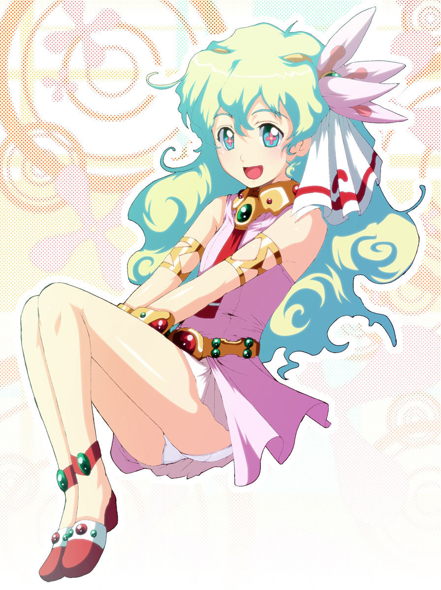 tabigarasu, nia teppelin, tengen toppa gurren lagann, highres, + +, 00s, 1girl, anklet, armlet, bare shoulders, bracelet, cross-shaped pupils, dress, female focus, flower, hair flower, hair ornament, jewelry, long hair, multicolored hair, open mouth, panties, pantyshot, pink dress, pink skirt, skirt, sleeveless, smile, solo, symbol-shaped pupils, underwear, upskirt