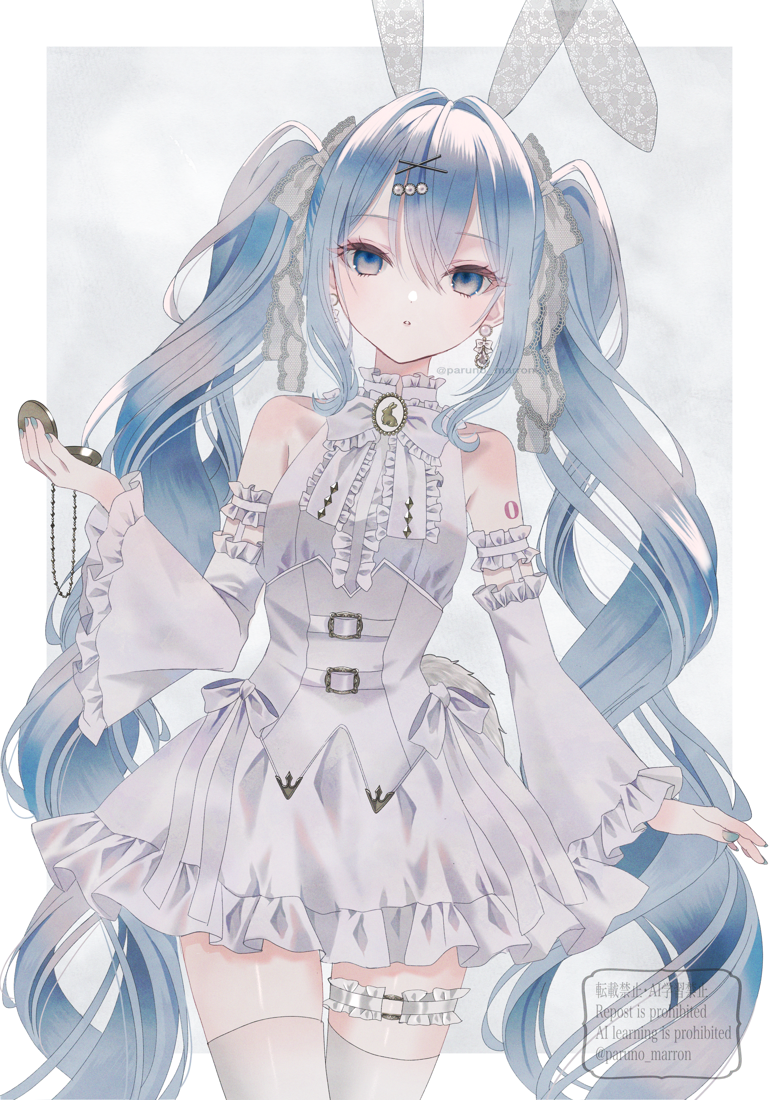 paruno, hatsune miku, vocaloid, absurdres, commentary request, highres, 1girl, animal ears, arm tattoo, bare shoulders, blue eyes, blue hair, blue nails, border, bow, bowtie, center frills, corset, cowboy shot, detached sleeves, double-parted bangs, dress, dress bow, earrings, fake animal ears, fake tail, frilled bowtie, frilled dress, frilled sleeves, frilled thigh strap, frills, grey background, hair between eyes, hair bow, hair ornament, hand up, holding, holding pocket watch, jewelry, lace-trimmed bow, lace trim, long hair, long sleeves, looking at viewer, nail polish, number tattoo, outside border, parted lips, pocket watch, rabbit ears, rabbit tail, short dress, sleeveless, sleeveless dress, solo, standing, tail, tattoo, thigh strap, thighhighs, twintails, twitter username, very long hair, watch, watermark, white border, white bow, white bowtie, white corset, white sleeves, white thighhighs, wide sleeves, x hair ornament