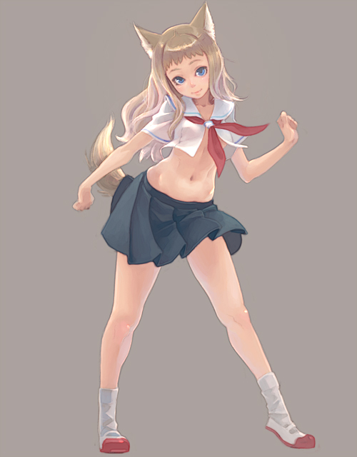 weno, original, 1girl, animal ears, blue eyes, brown hair, female focus, fox ears, fox tail, full body, grey background, legs, long hair, midriff, navel, school uniform, serafuku, shoes, simple background, skirt, solo, standing, tail, uwabaki