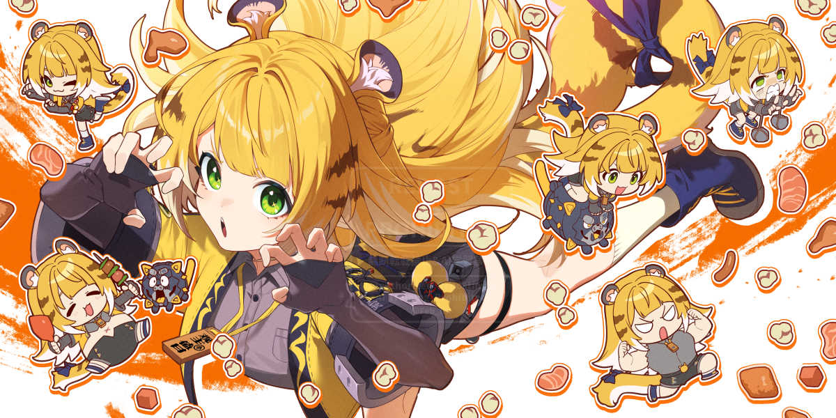 feb itk, hu wei (zenless zone zero), ju fufu, zenless zone zero, commentary request, 1girl, animal ear fluff, animal ears, blonde hair, blue shoes, bow, chibi, claw pose, colored inner hair, food, green eyes, grey shirt, high-waist shorts, holding, holding food, jacket, long hair, looking at viewer, meat, medallion, multicolored hair, multiple views, open mouth, orange background, orange fur, popcorn, shirt, shoes, shorts, socks, standing, standing on one leg, striped fur, striped hair, tail, tail bow, tail ornament, thigh strap, tiger ears, tiger girl, tiger stripes, tiger tail, two-tone background, white background, white socks, yellow jacket