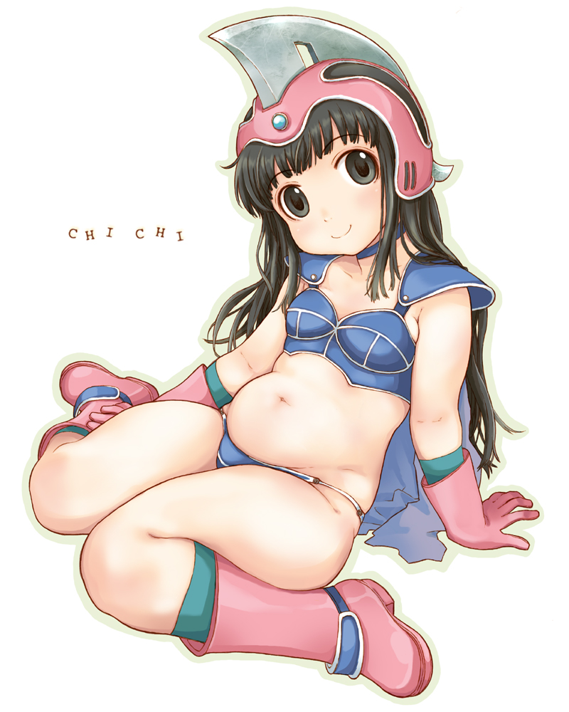 takagi hideaki, chi-chi (dragon ball), dragon ball, bad id, bad pixiv id, translated, 1girl, aged down, armor, belly, bikini, bikini armor, black eyes, black hair, boots, breasts, female focus, gloves, helmet, hime cut, loli, long hair, looking at viewer, navel, pink boots, plump, sitting, small breasts, smile, solo, swimsuit, wariza