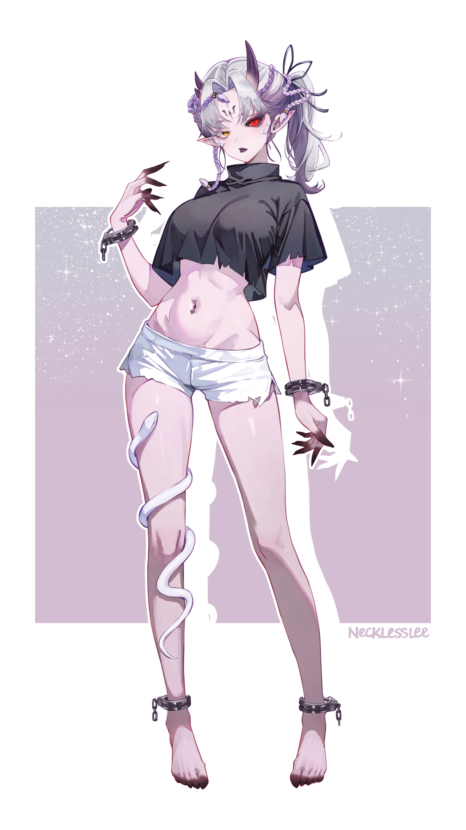 necklesslee, indie virtual youtuber, absurdres, highres, 1girl, artist name, bare legs, barefoot, black lips, black sclera, black shirt, bound ankles, breasts, colored extremities, colored sclera, cuffs, full body, gradient hair, heterochromia, horns, large breasts, lekale (vtuber), long hair, looking at viewer, midriff, mismatched sclera, multicolored hair, navel, navel piercing, piercing, pointy ears, purple hair, red eyes, shackles, shirt, short sleeves, shorts, side ponytail, snake, solo, standing, turtleneck, turtleneck shirt, virtual youtuber, white hair, white shorts, yellow eyes
