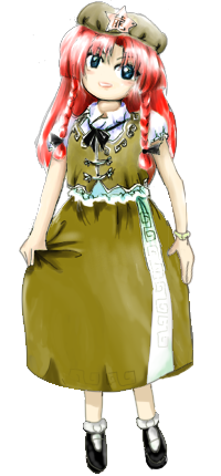 hong meiling, embodiment of scarlet devil, touhou, lowres, 1girl, black shoes, blue eyes, braid, ceciliaxlove, chinese clothes, chinese text, dragon, dragon girl, dress, full body, green bonnet, green dress, mary janes, no pants, red hair, remake, shoes, star (symbol), twin braids, zun (style)