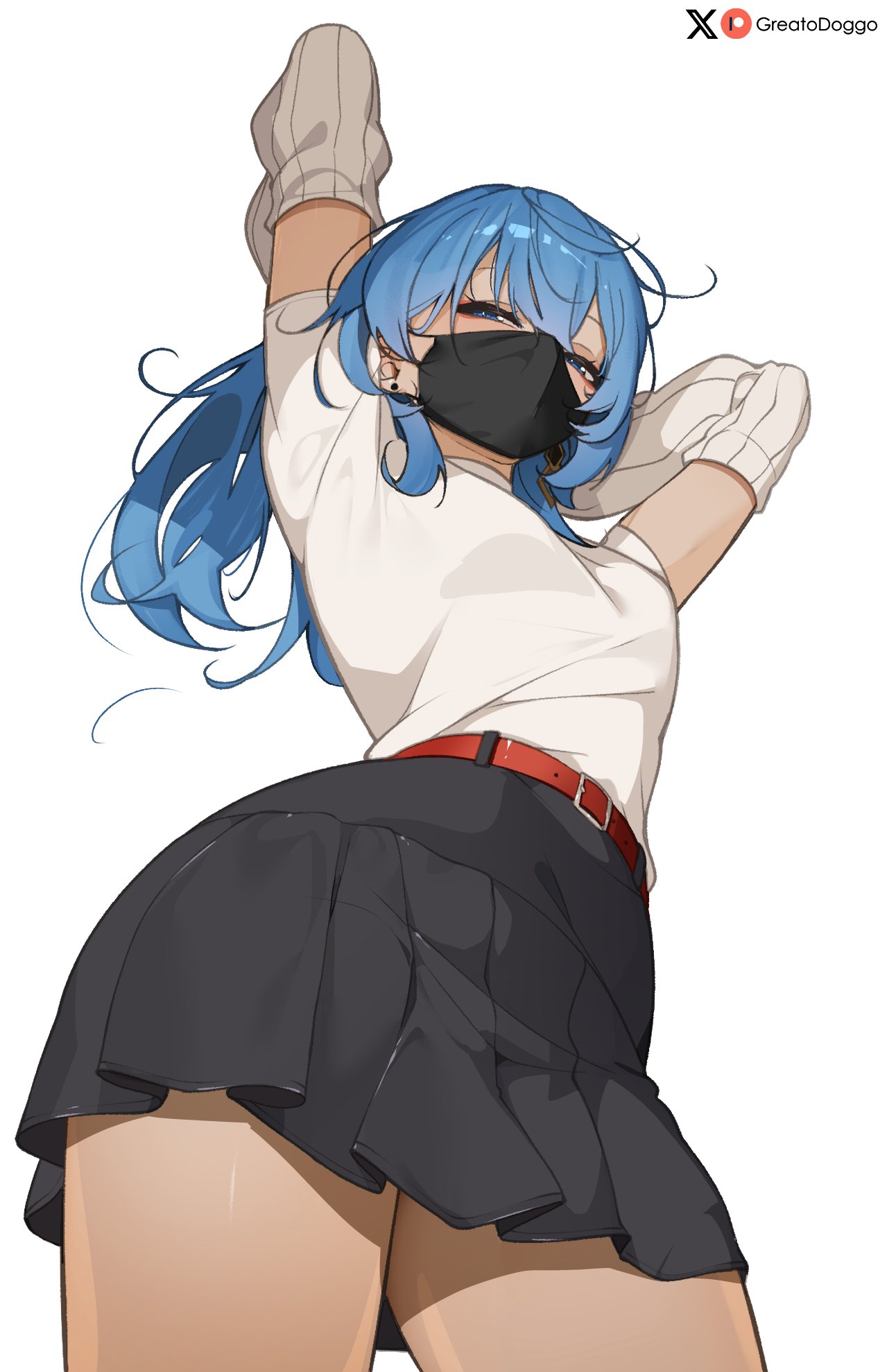 greatodoggo, hoshimachi suisei, hololive, highres, arms on head, belt, black skirt, blue hair, mask, mouth mask, red belt, shirt, skirt, thighs, white background, white shirt