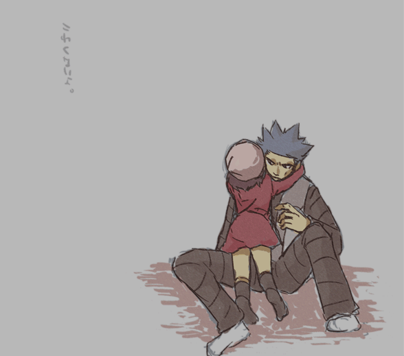 cyrus (pokemon), dawn (pokemon), nintendo, pokemon, translation request, beanie, black hair, blue hair, child, hat, hug, socks, team galactic