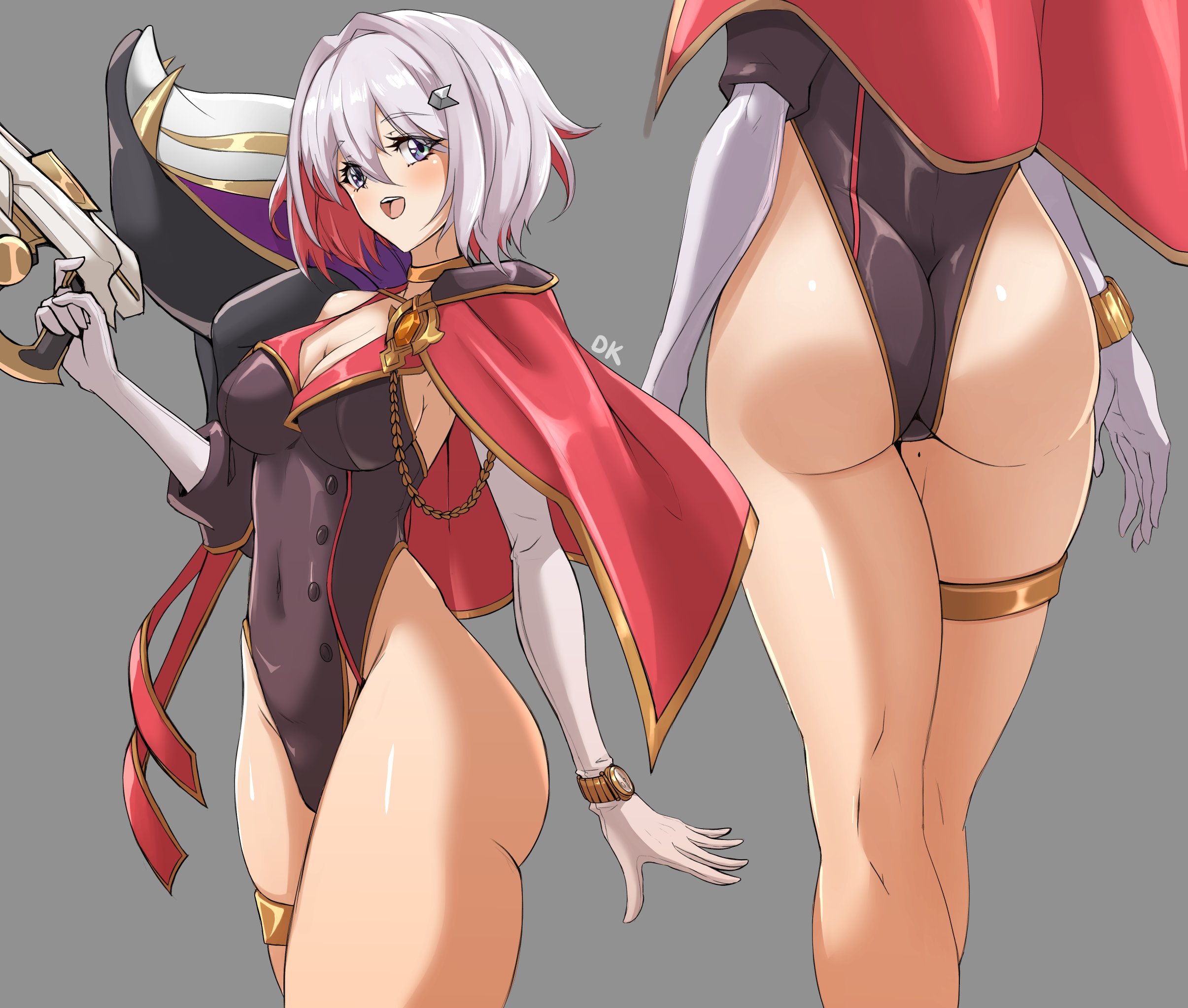 deekei, topaz (honkai: star rail), honkai: star rail, honkai (series), commentary request, highres, 1girl, :d, ass, asymmetrical gloves, black unitard, blue eyes, breasts, cape, colored inner hair, covered navel, gloves, good thighs day, grey hair, gun, holding, holding gun, holding weapon, medium breasts, mole, mole on thigh, multicolored hair, multiple views, open mouth, red hair, shiny skin, short hair, simple background, smile, streaked hair, thighs, uneven gloves, unitard, weapon